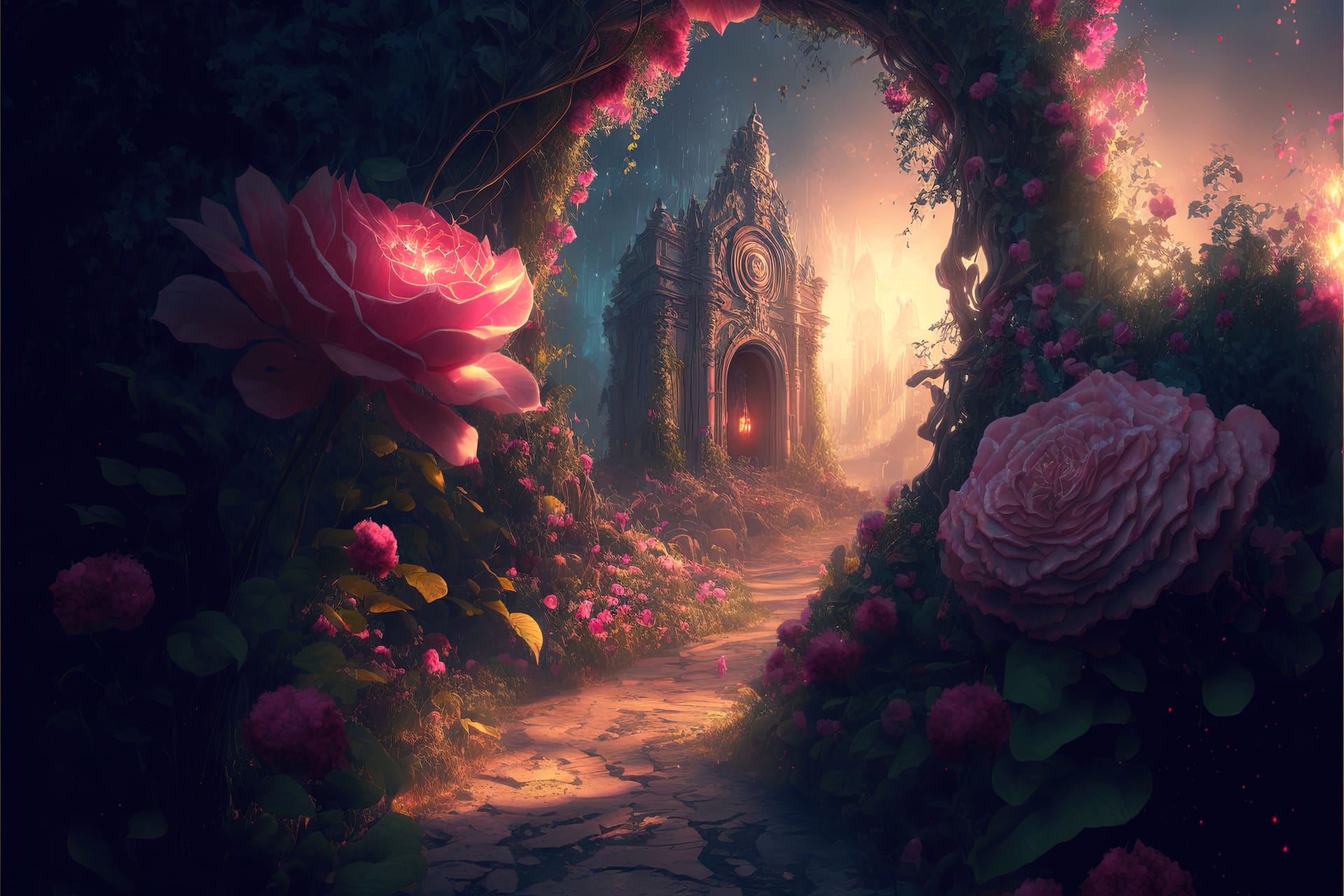 Flowers bloom road leads mystical garden digital illustration nice image