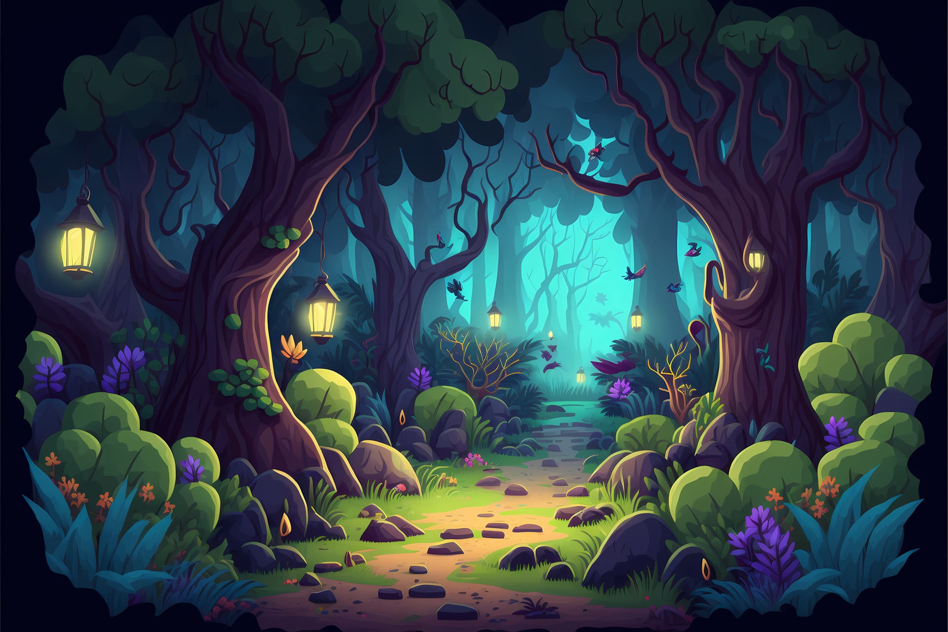 Forest illustration cartoon style landscape endless nature background bright image