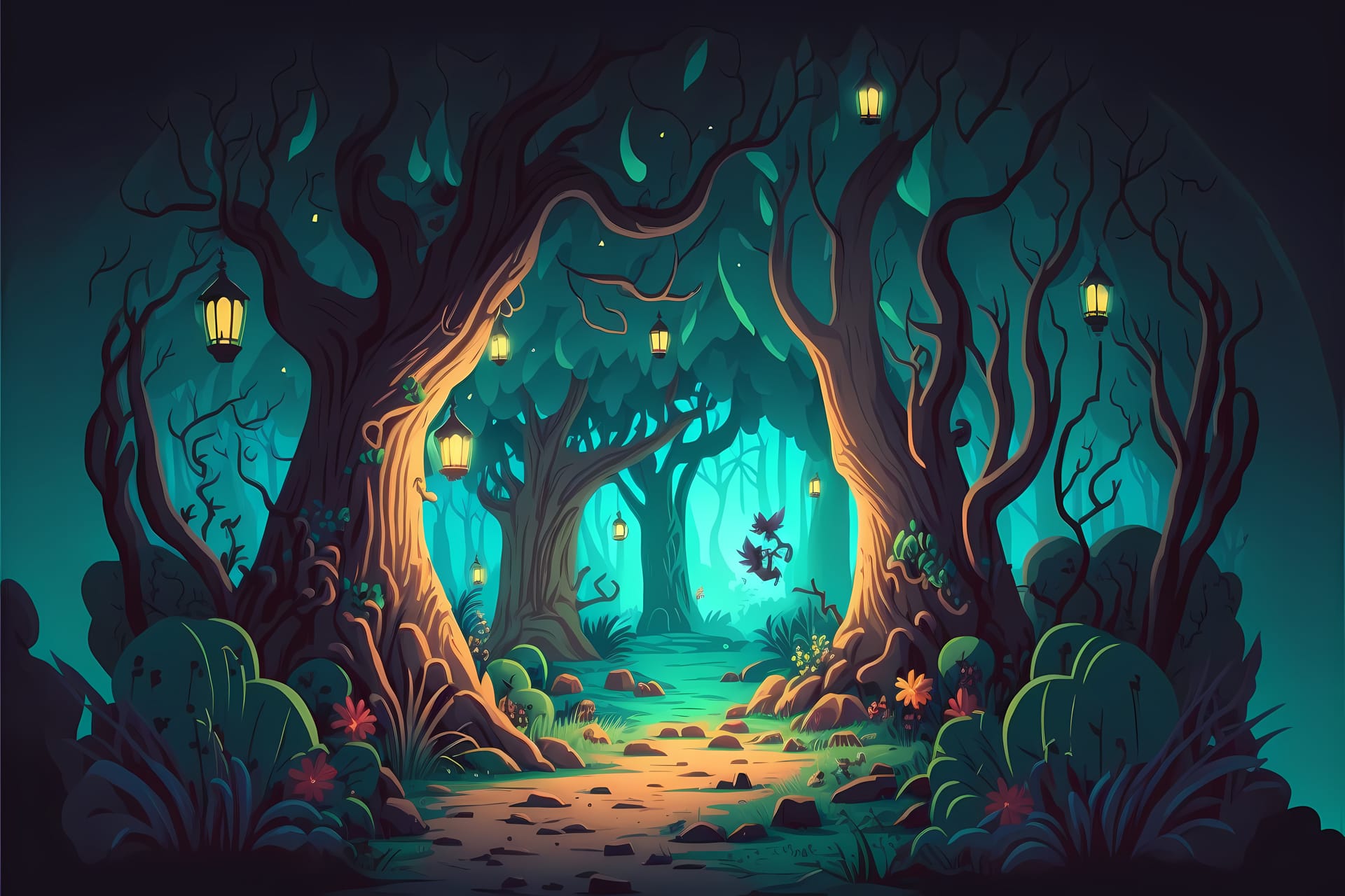 Forest illustration cartoon style landscape endless nature background realistic image