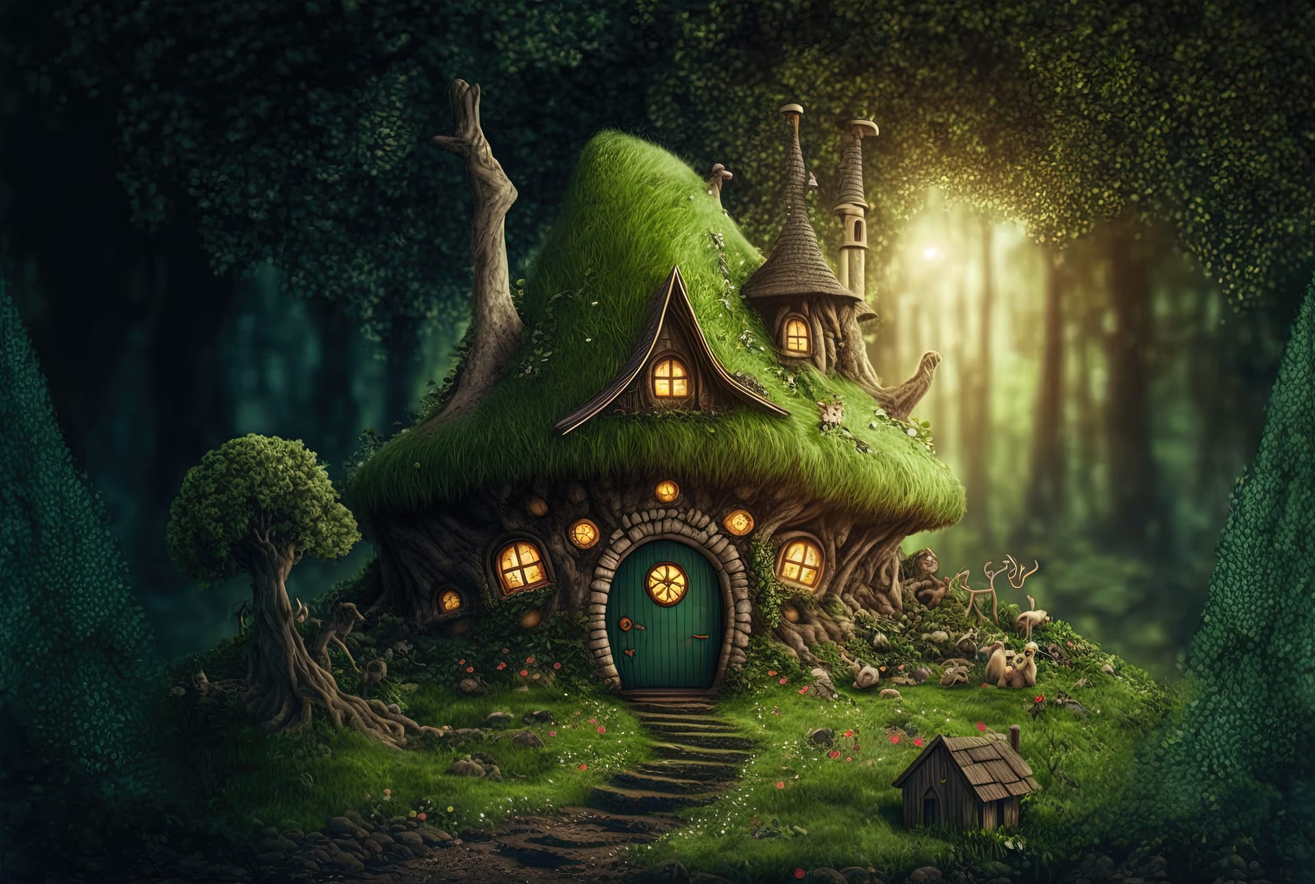 Green grass little cottage house woods with tall trees illustration