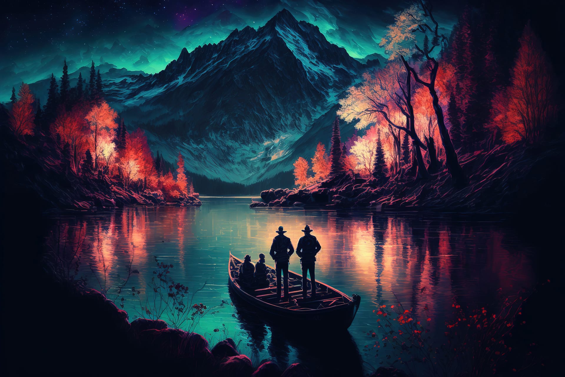 Having romantic moment boat forest near mountain night excellent image