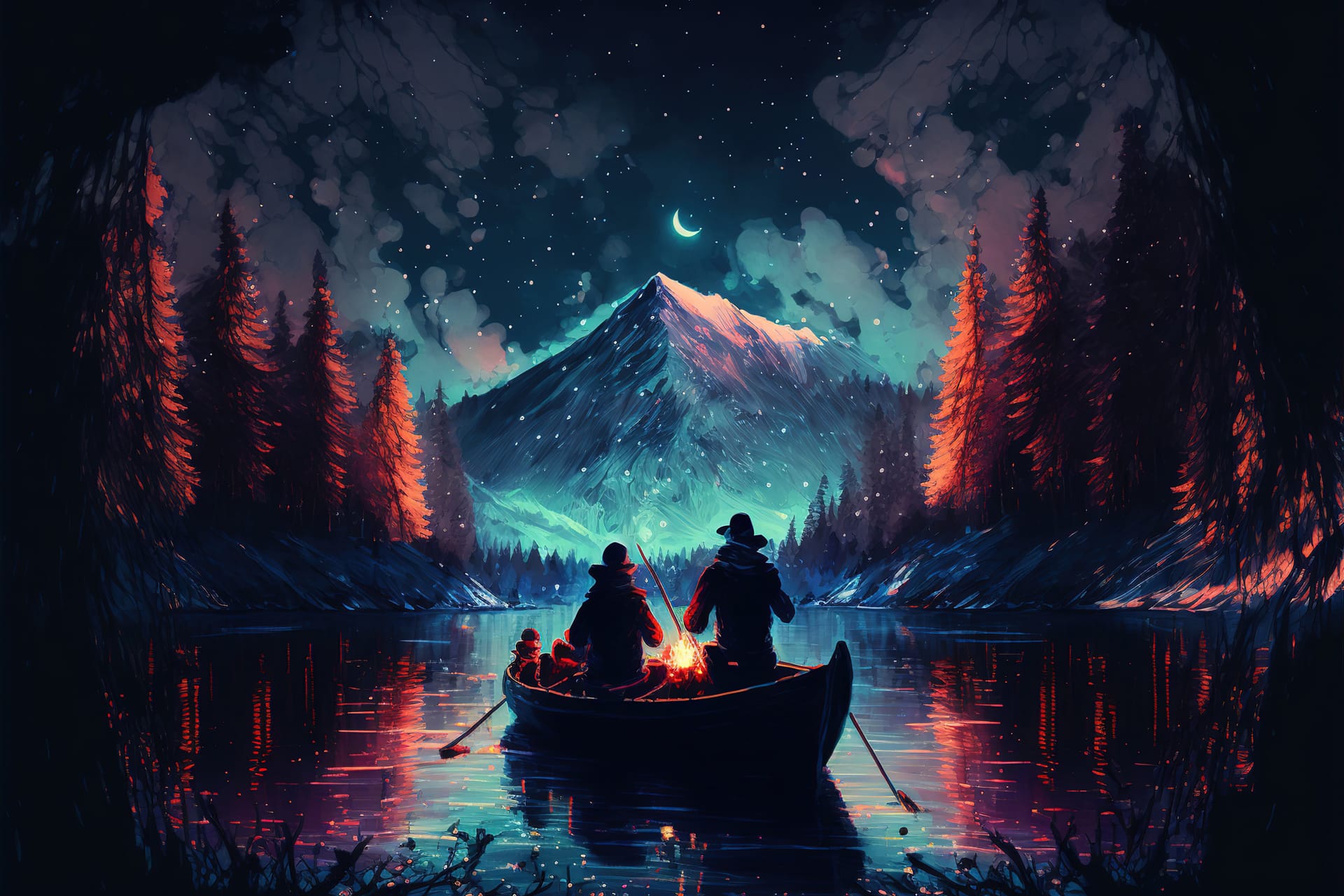 Having romantic moment boat forest near mountain night nice picture