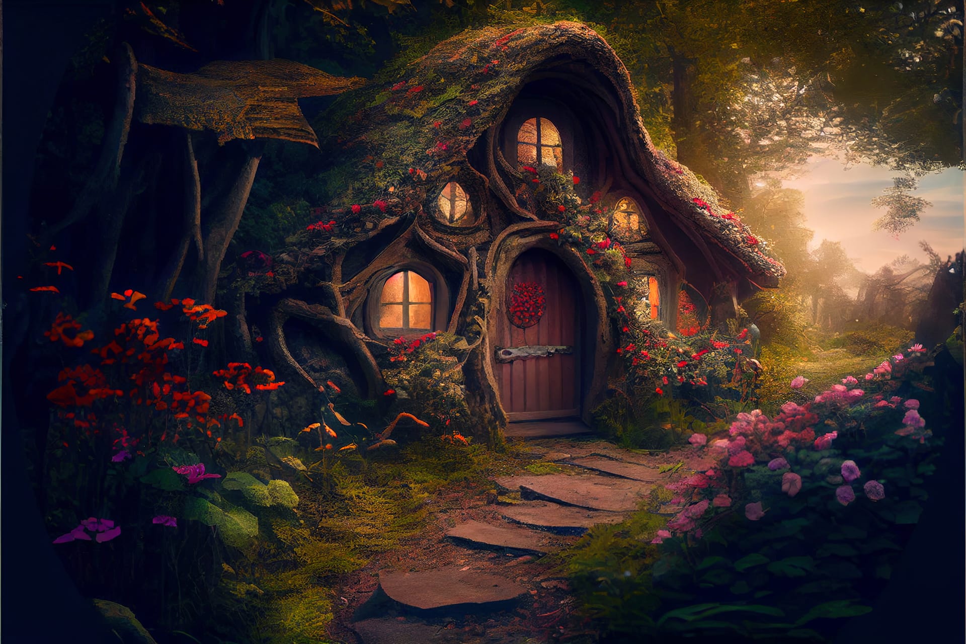 Hobbit house fantasy forest night fairy tale home