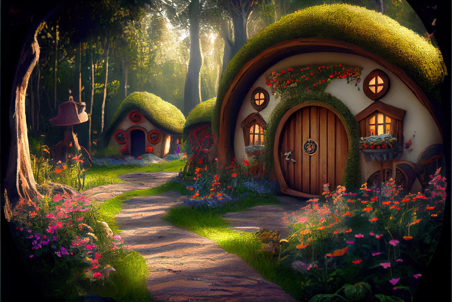 Hobbit houses fantasy forest fairy tale village enchanted forest clipart