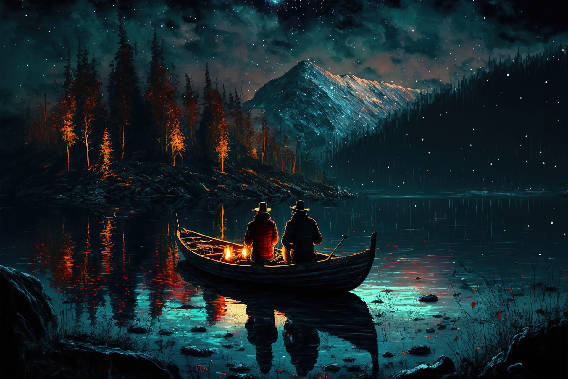 Lovely couple having romantic moment boat forest near mountain night