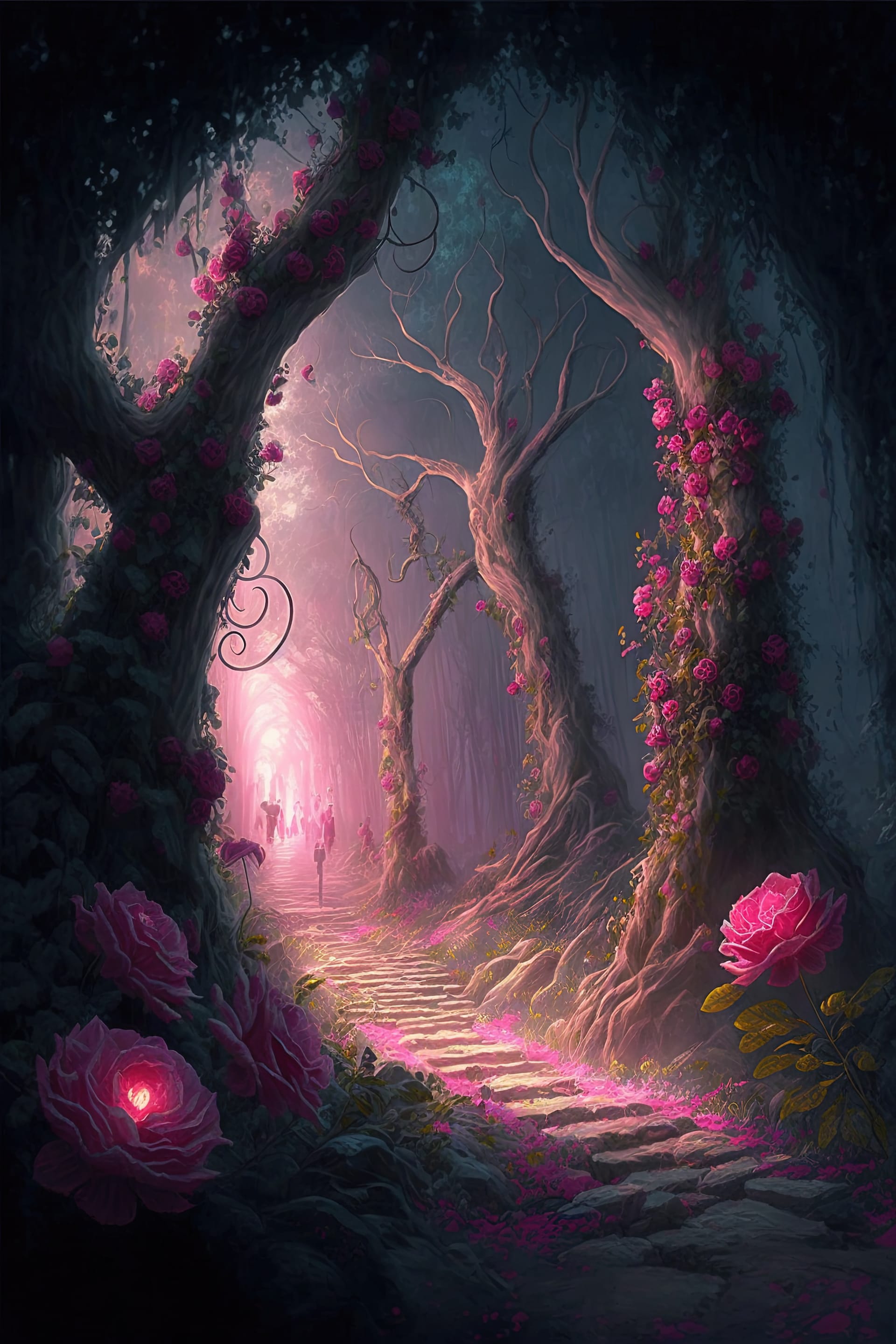 Roses flowers bloom road leads mystical garden digital illustration image