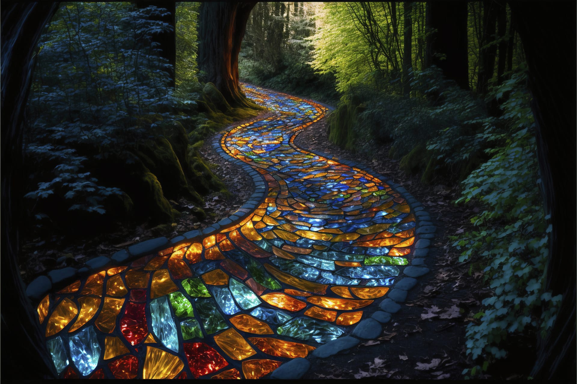 Stained glass paved path winding through forest enchanted forest clipart