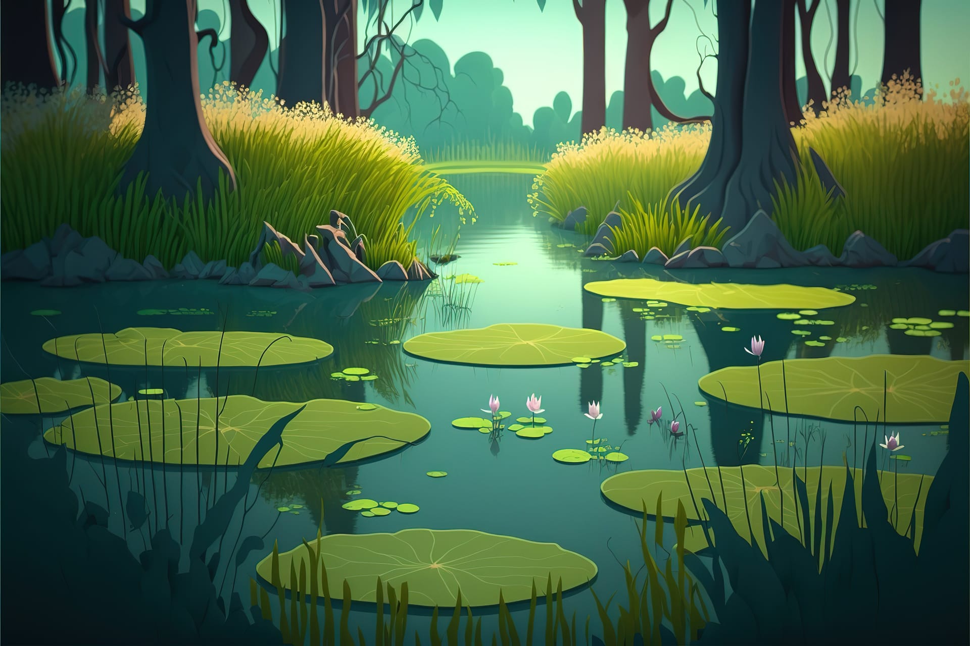 Swamp cartoon landscape forest background with marsh lake image