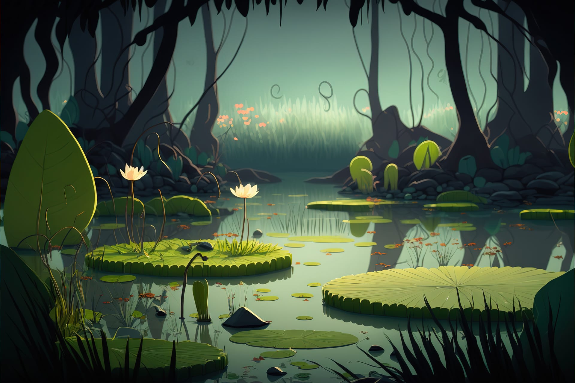 Swamp cartoon landscape forest background with marsh lake