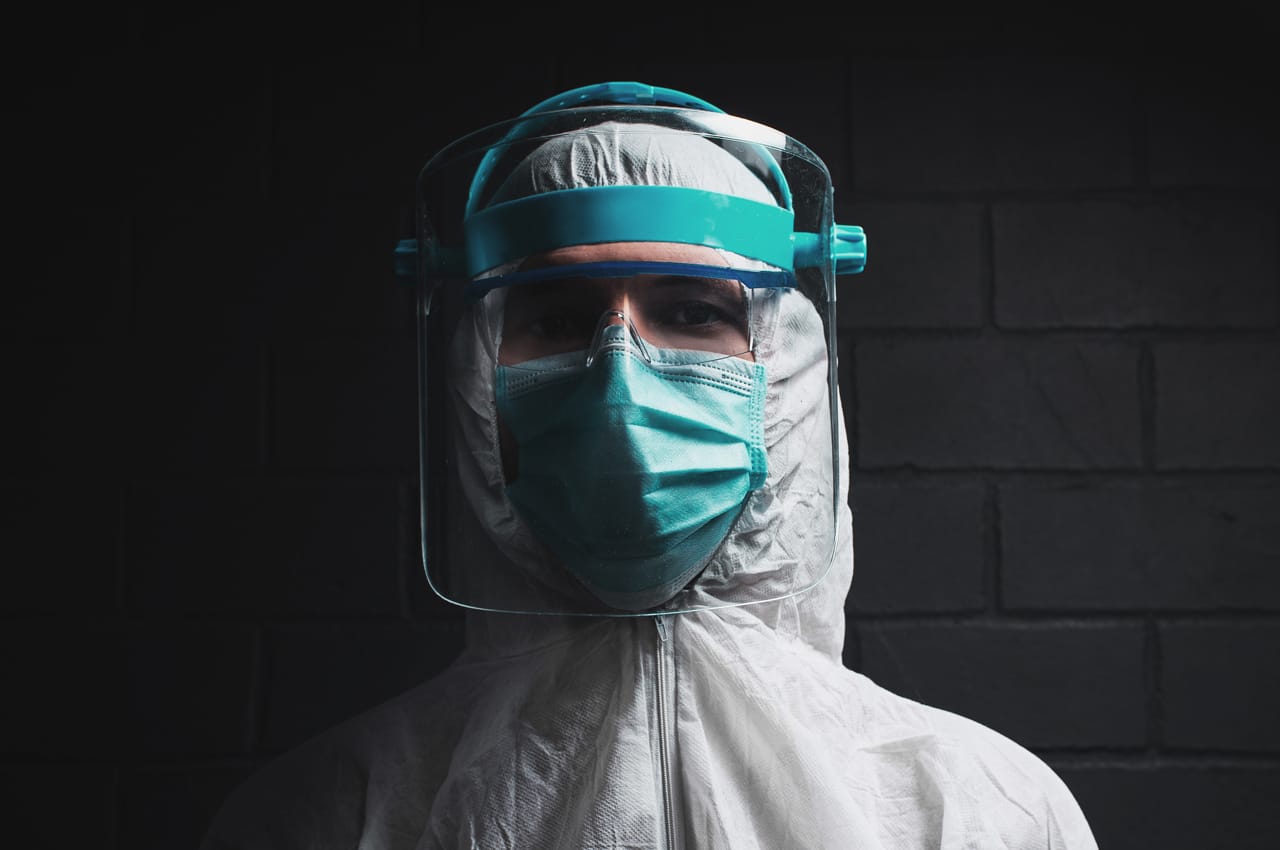 Related image studio portrait doctor protective suit black background panoramic banner view