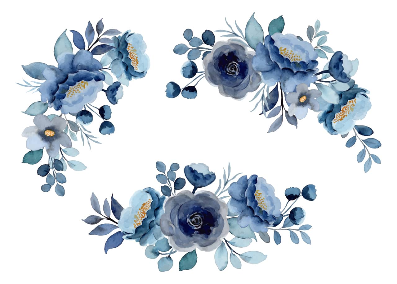 Blue floral bouquet collection with watercolor cartoon image