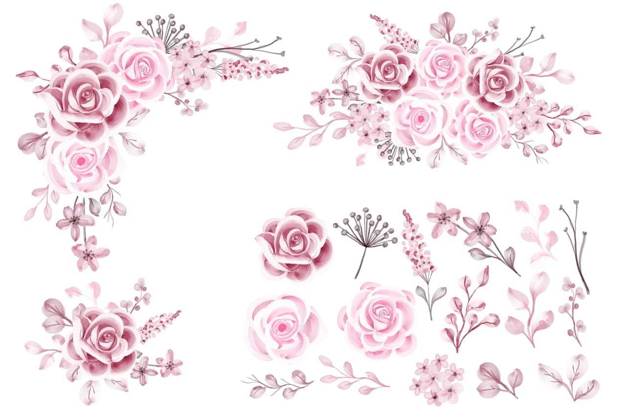 Luxury pink rose flower wreath isolated clipart hand drawing sketch