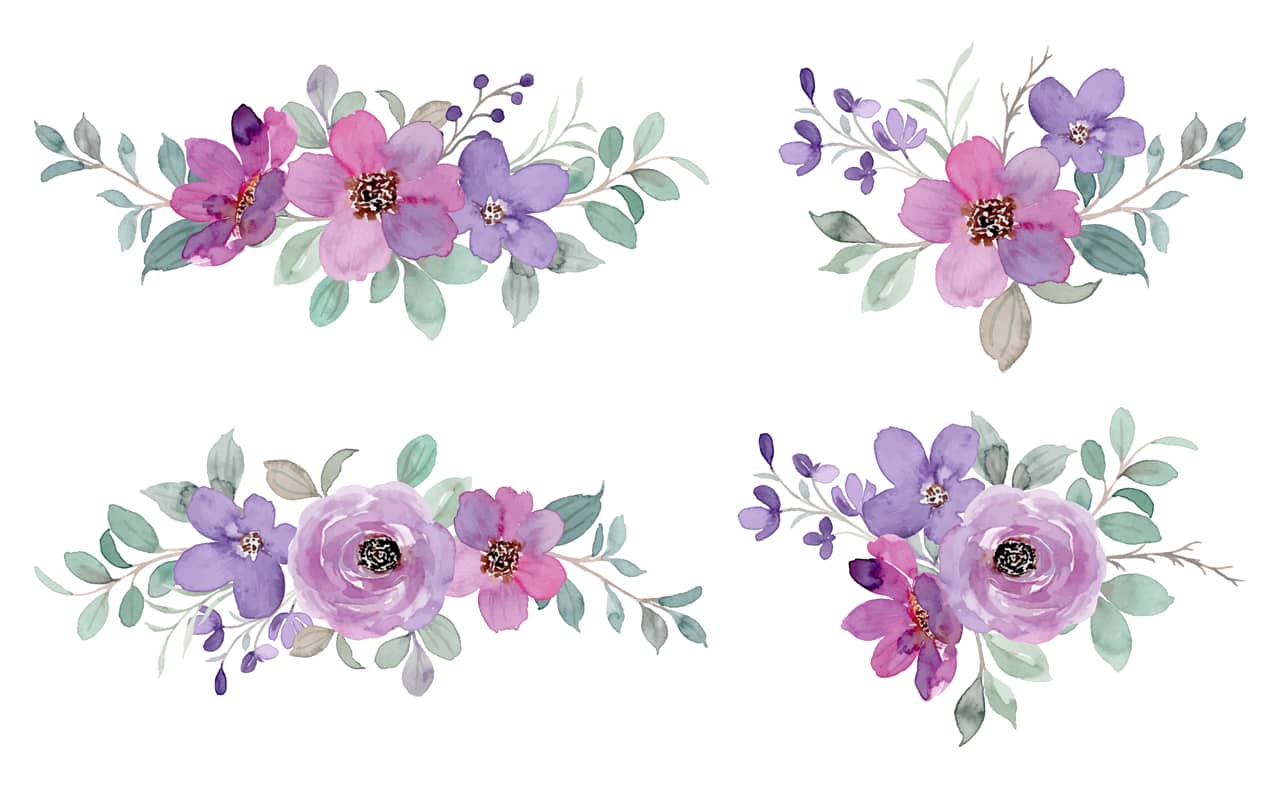 Purple green floral arrangement collection with watercolor cartoon image