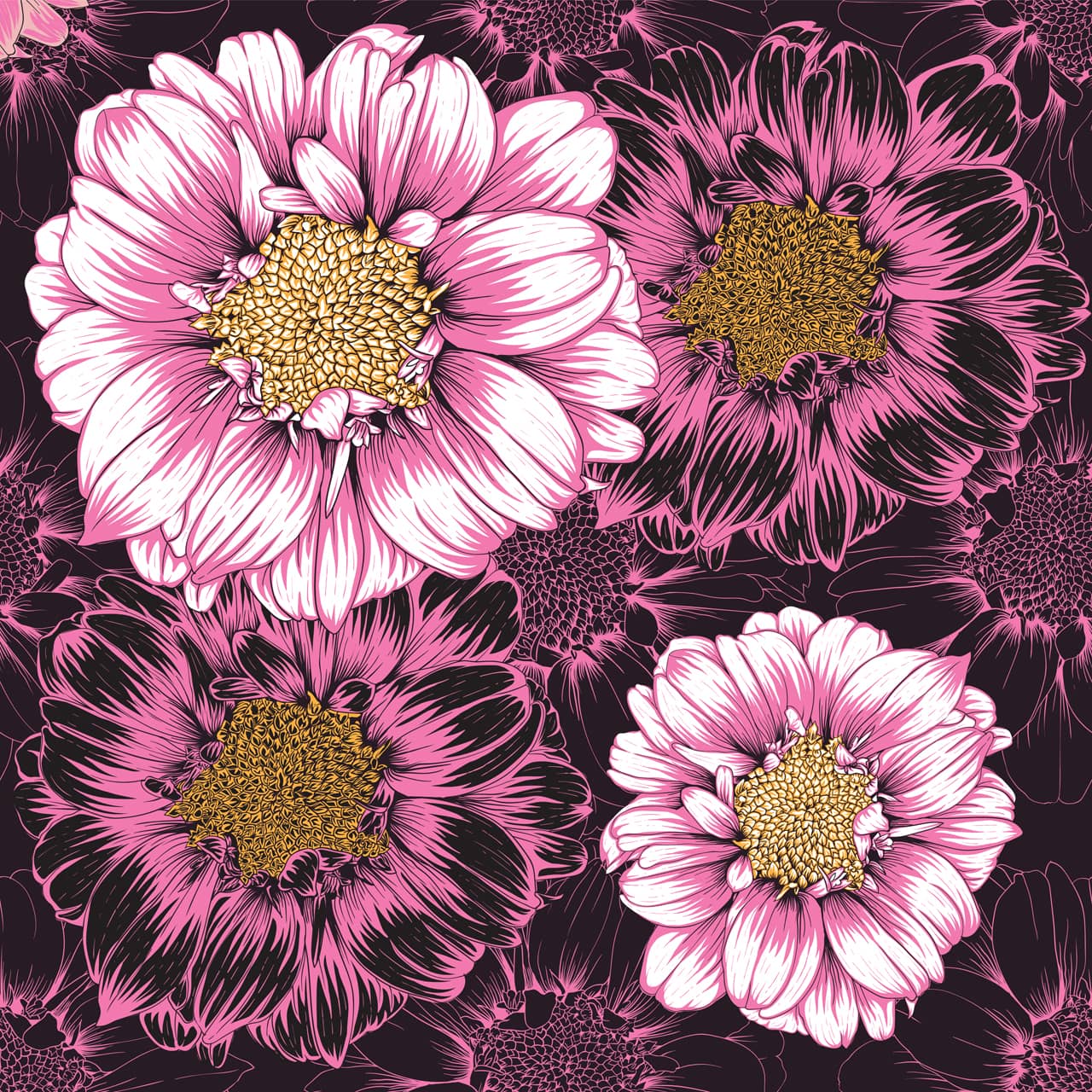 Seamless pattern vintage background with hand drawn floral zinnia flowers