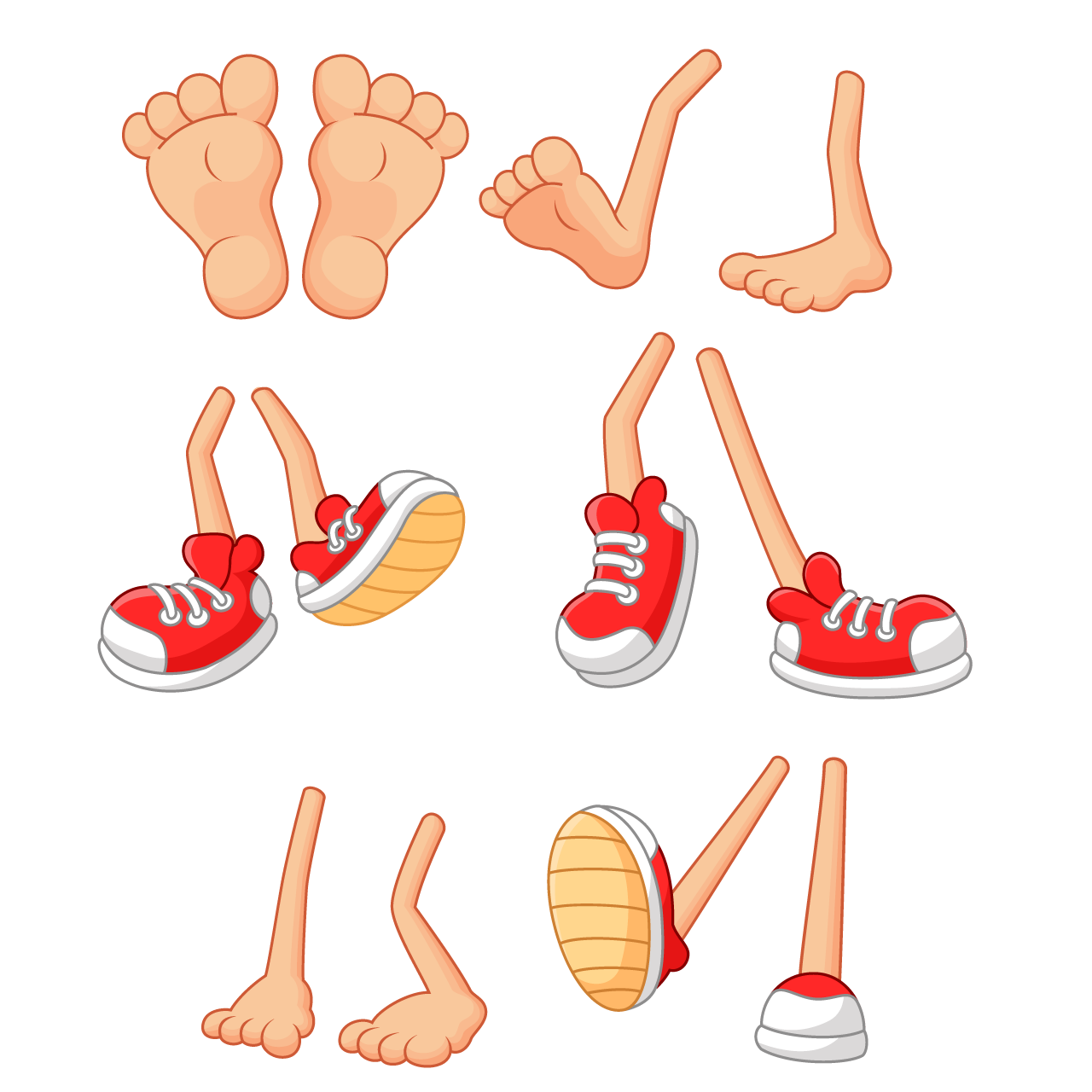 Cartoon walking feet stick legs various positions transparent background png