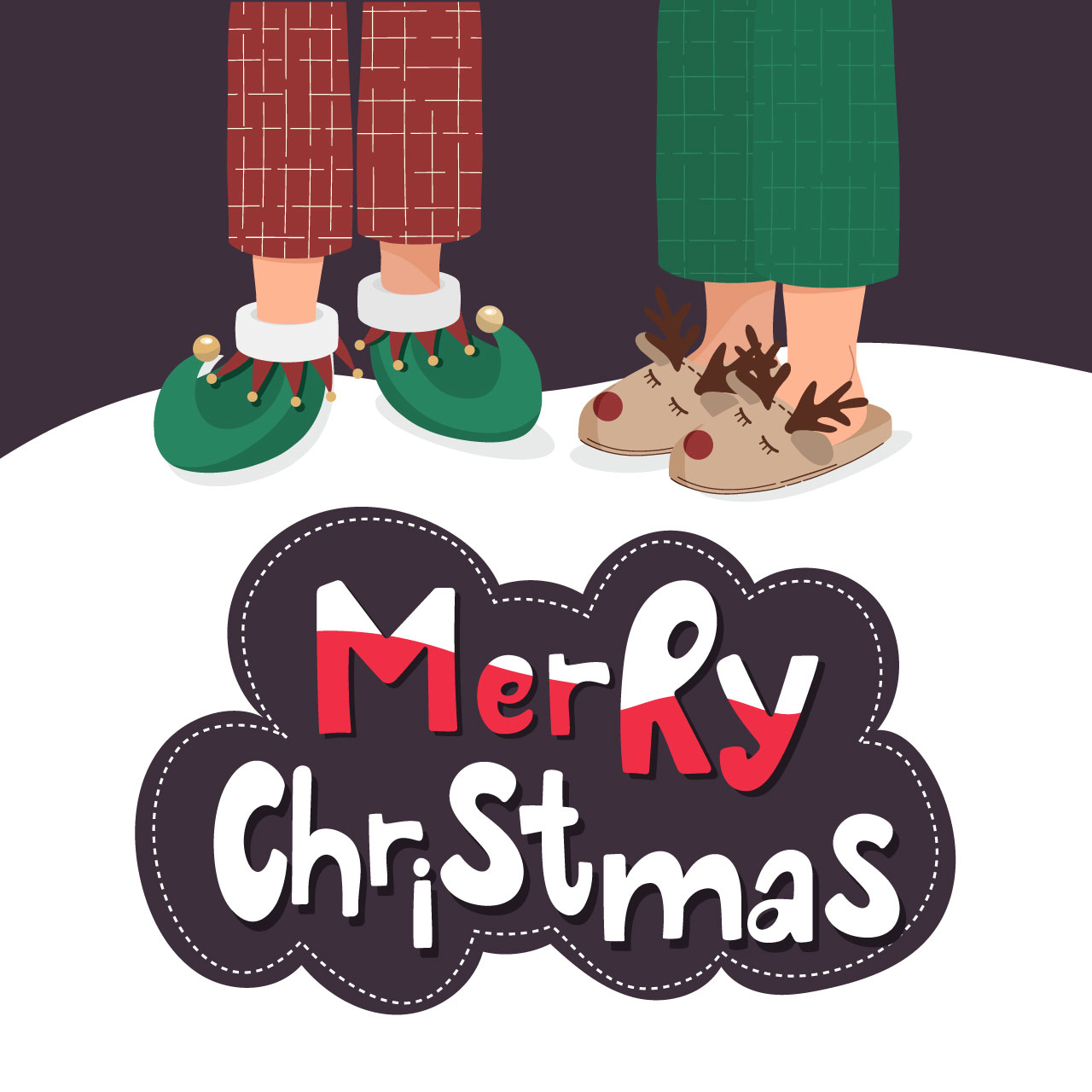 Cute christmas greeting card with two pairs legs pyjama hand drawn lettering