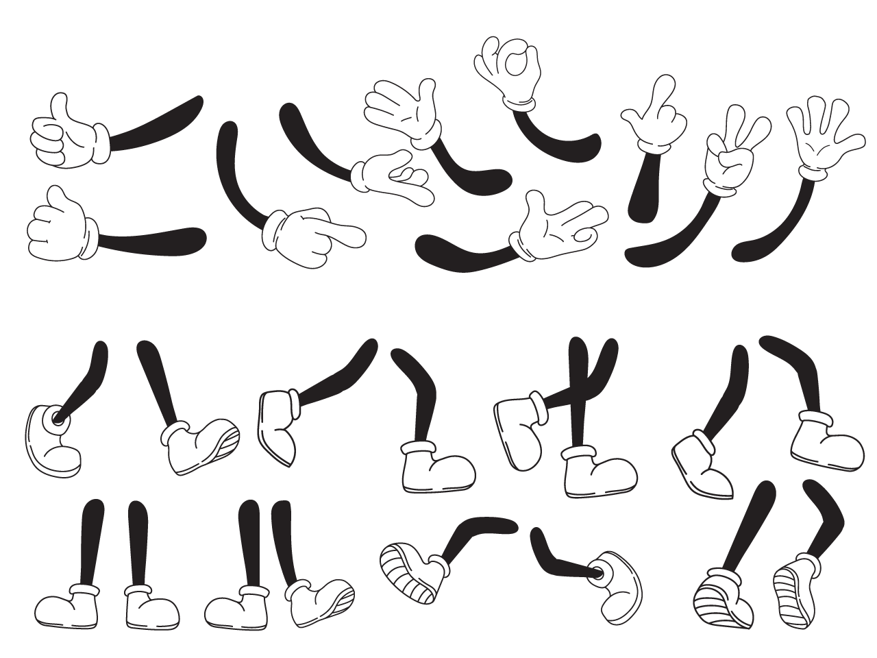 Hand feet mascot animation different movement legs hands comic character expression foot shoes white arm drawing kick finger neat