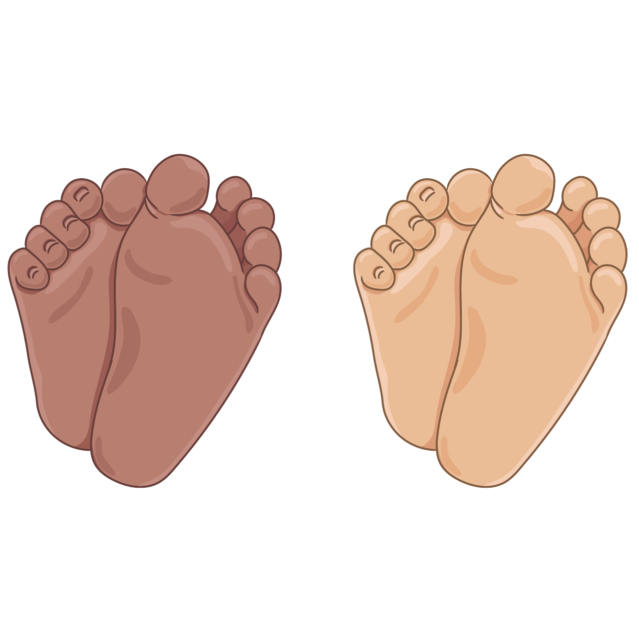 Newborn baby foot soles barefoot bottom view tiny plump feet with cute heels toes caucasian african american skin color cartoon