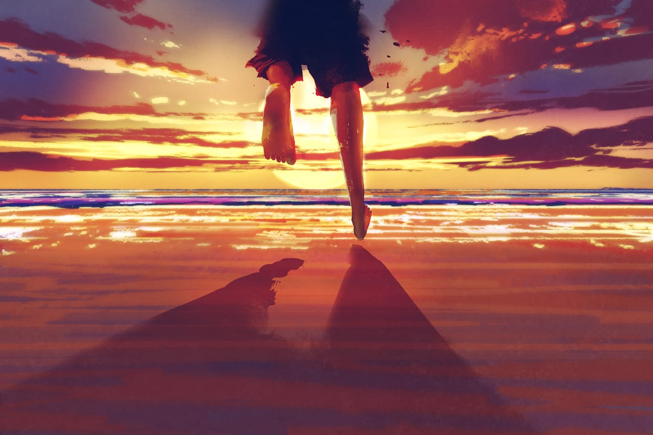 Related image man feet running beach sunrise illustration painting