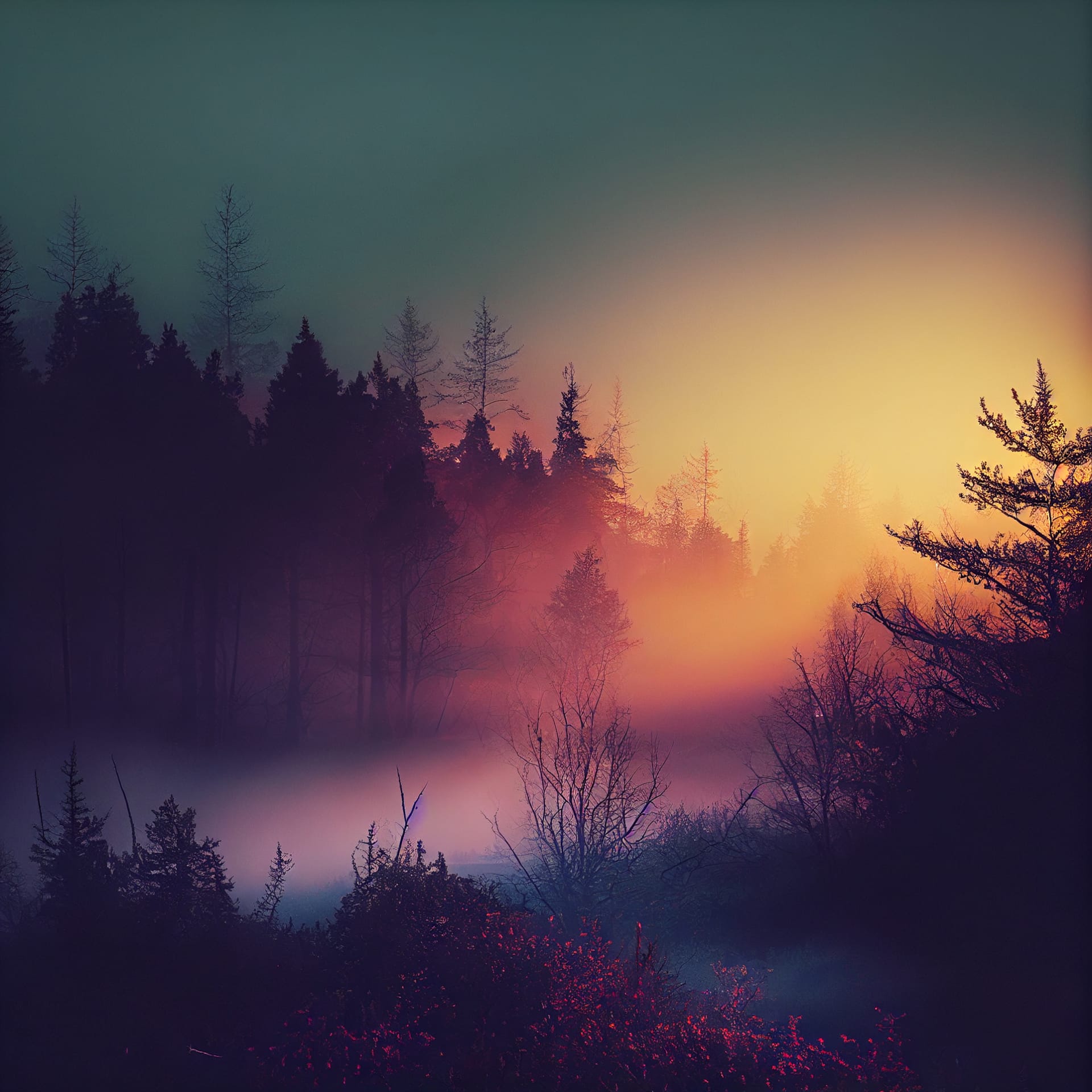 Beautiful misty forest nature landscape sunset sunrise balanced image