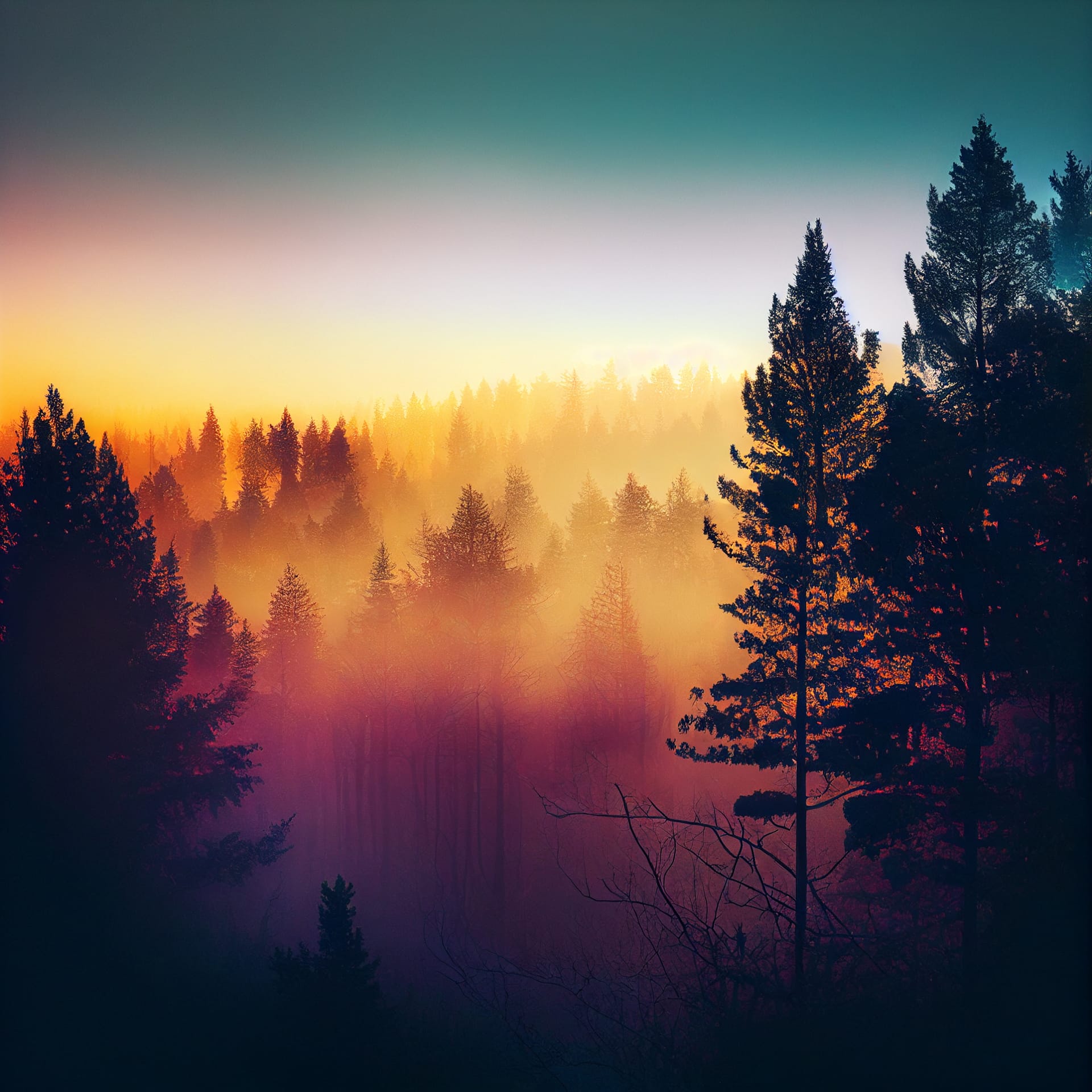 Beautiful misty forest nature landscape sunset sunrise bright image