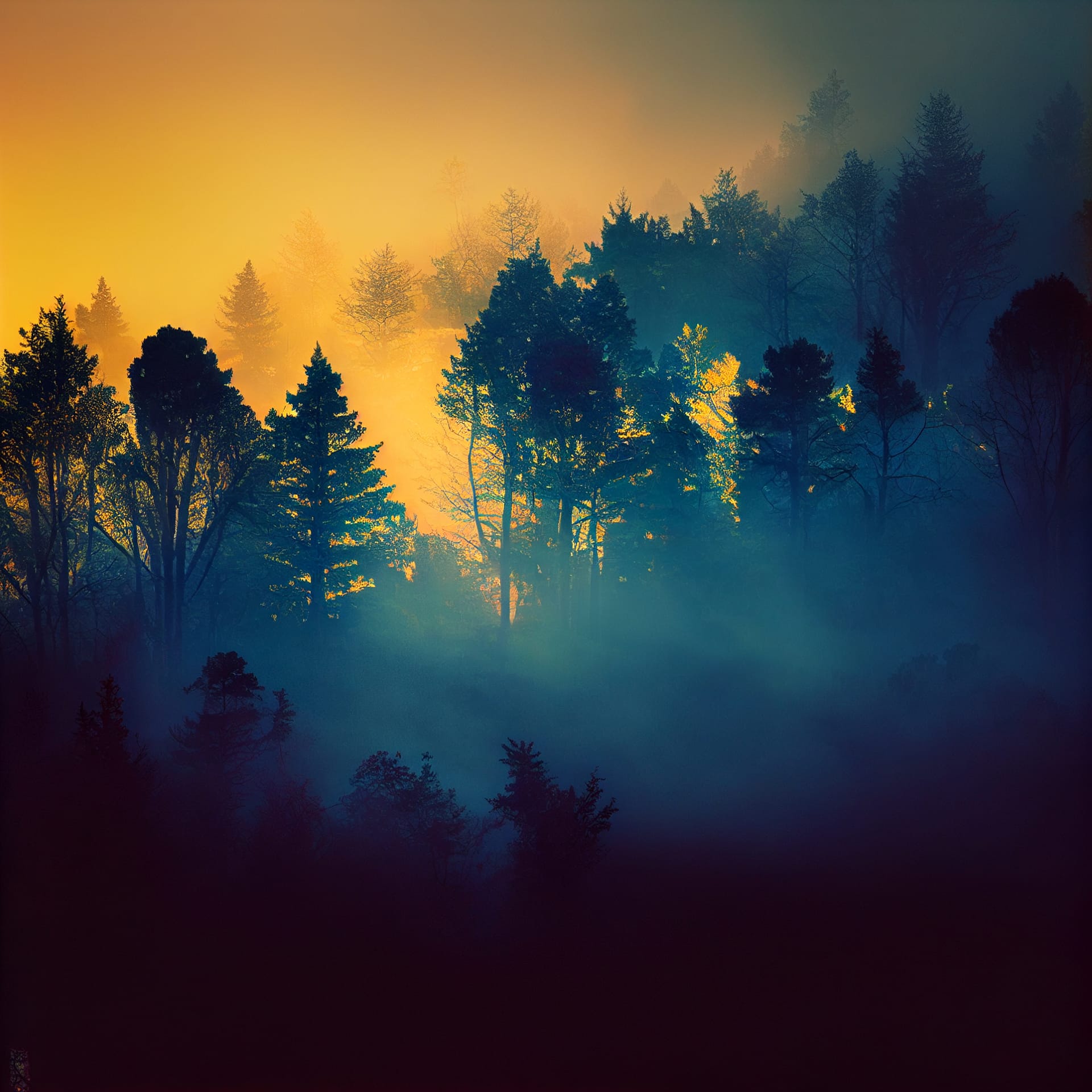 Beautiful misty forest nature landscape sunset sunrise colorful image