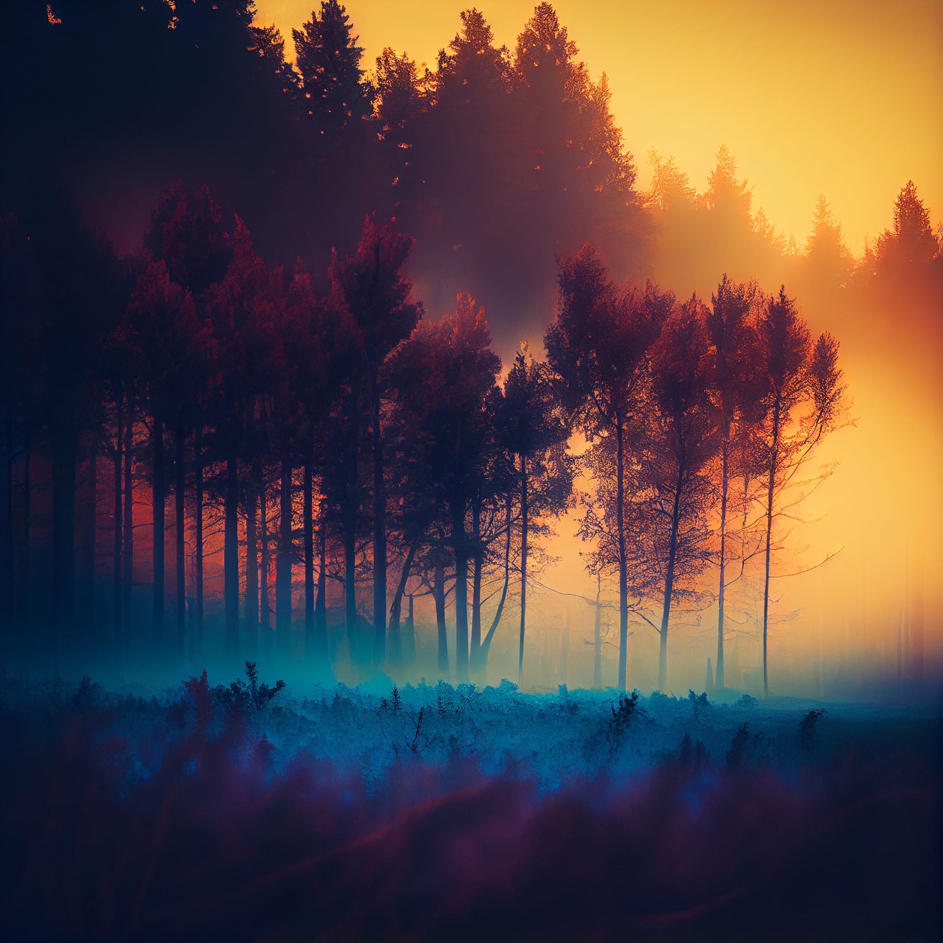 Beautiful misty forest nature landscape sunset sunrise fine picture