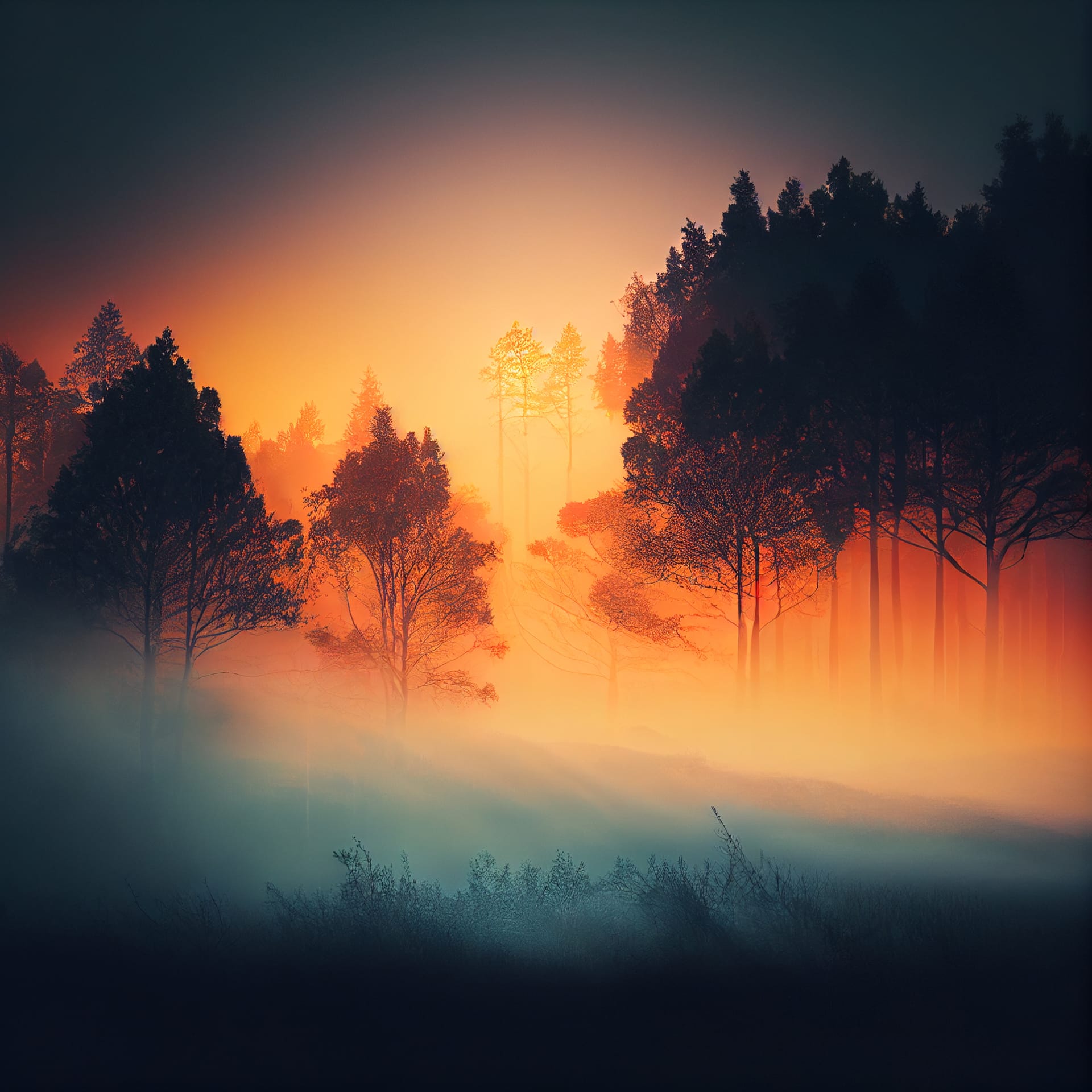 Beautiful misty forest nature landscape sunset sunrise imaginative image