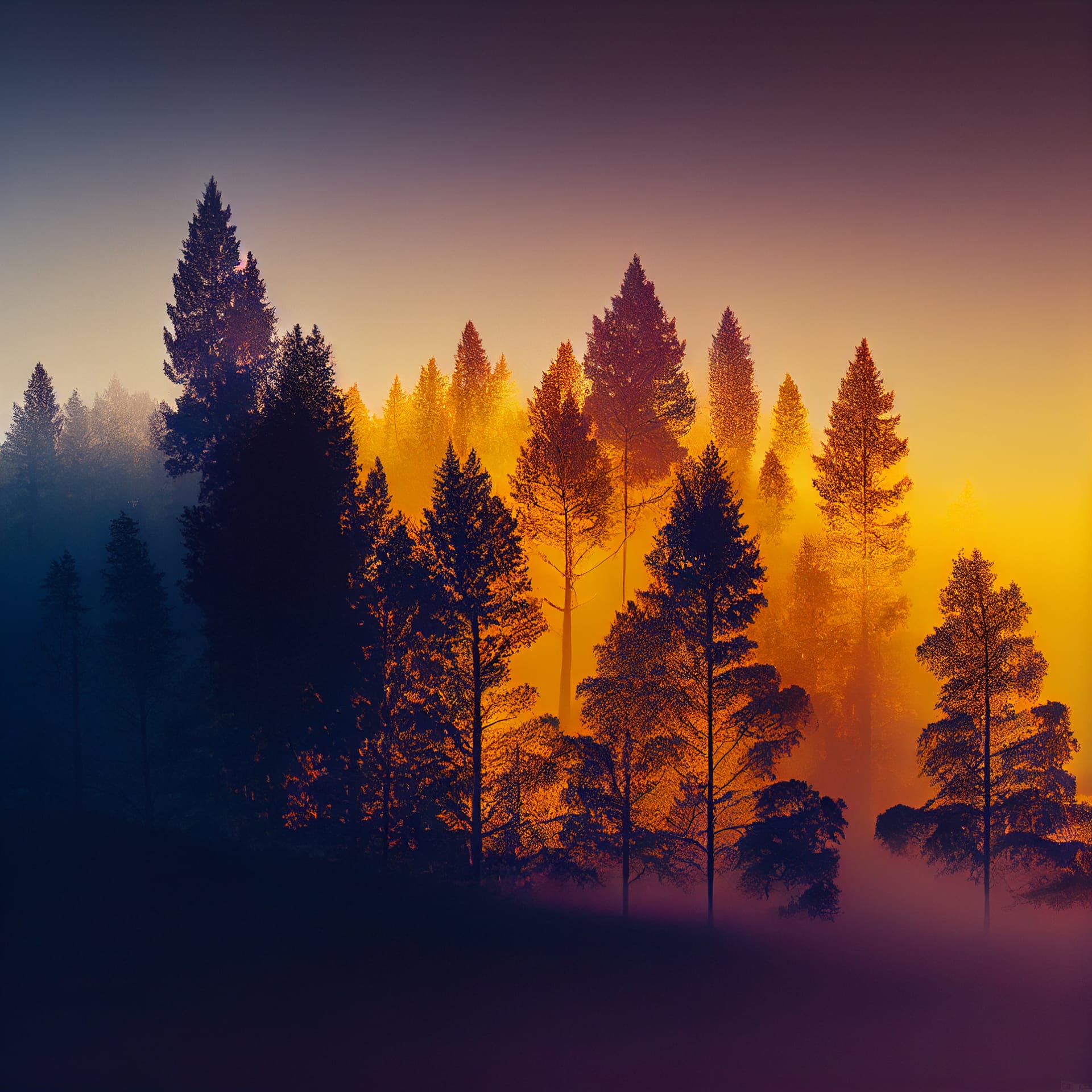 Beautiful misty forest nature landscape sunset sunrise mesmerizing image