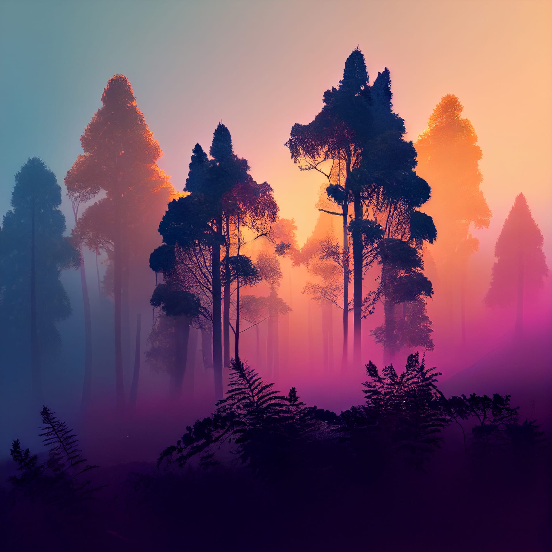 Beautiful misty forest nature landscape sunset sunrise realistic image