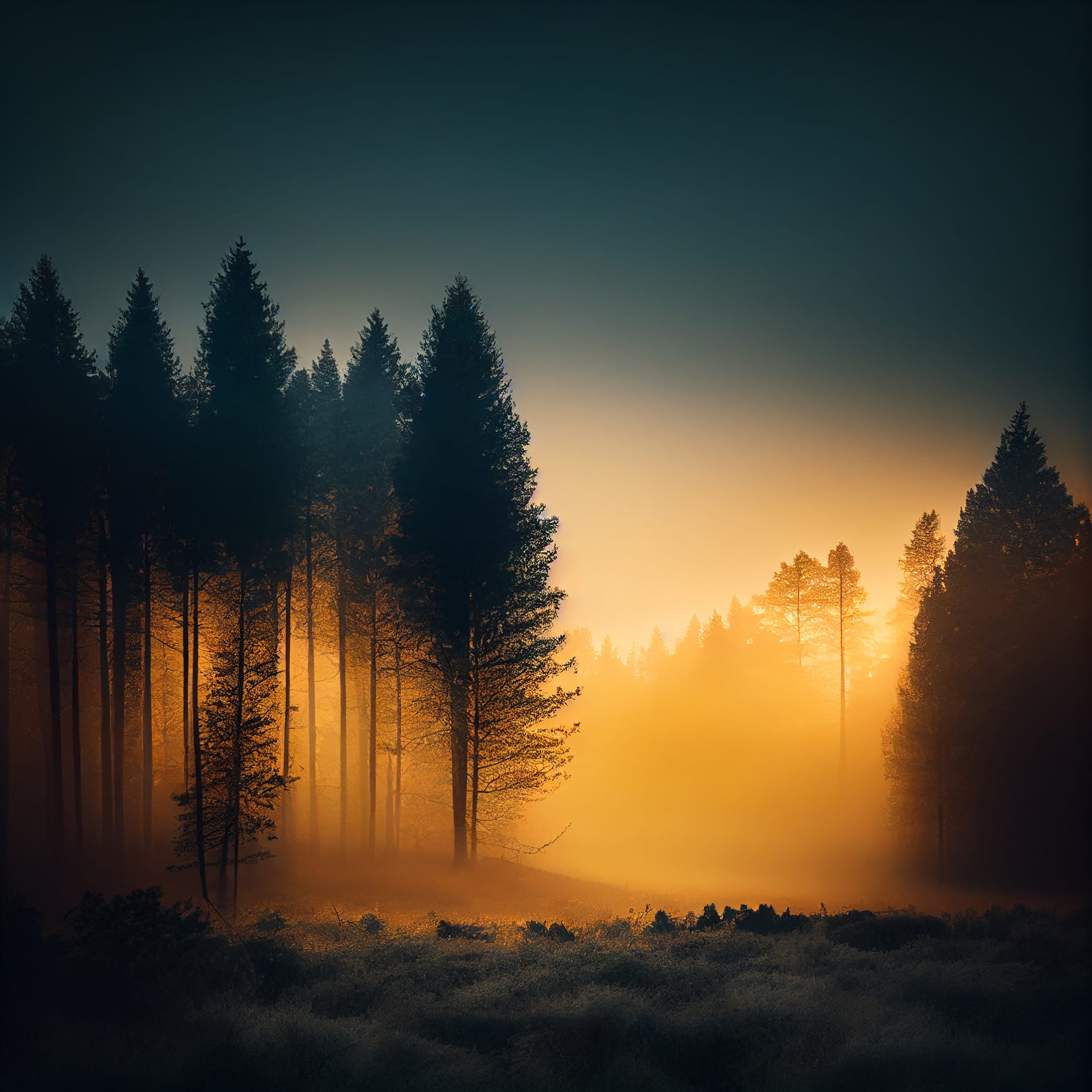 Beautiful misty forest nature landscape sunset sunrise fine colorful image