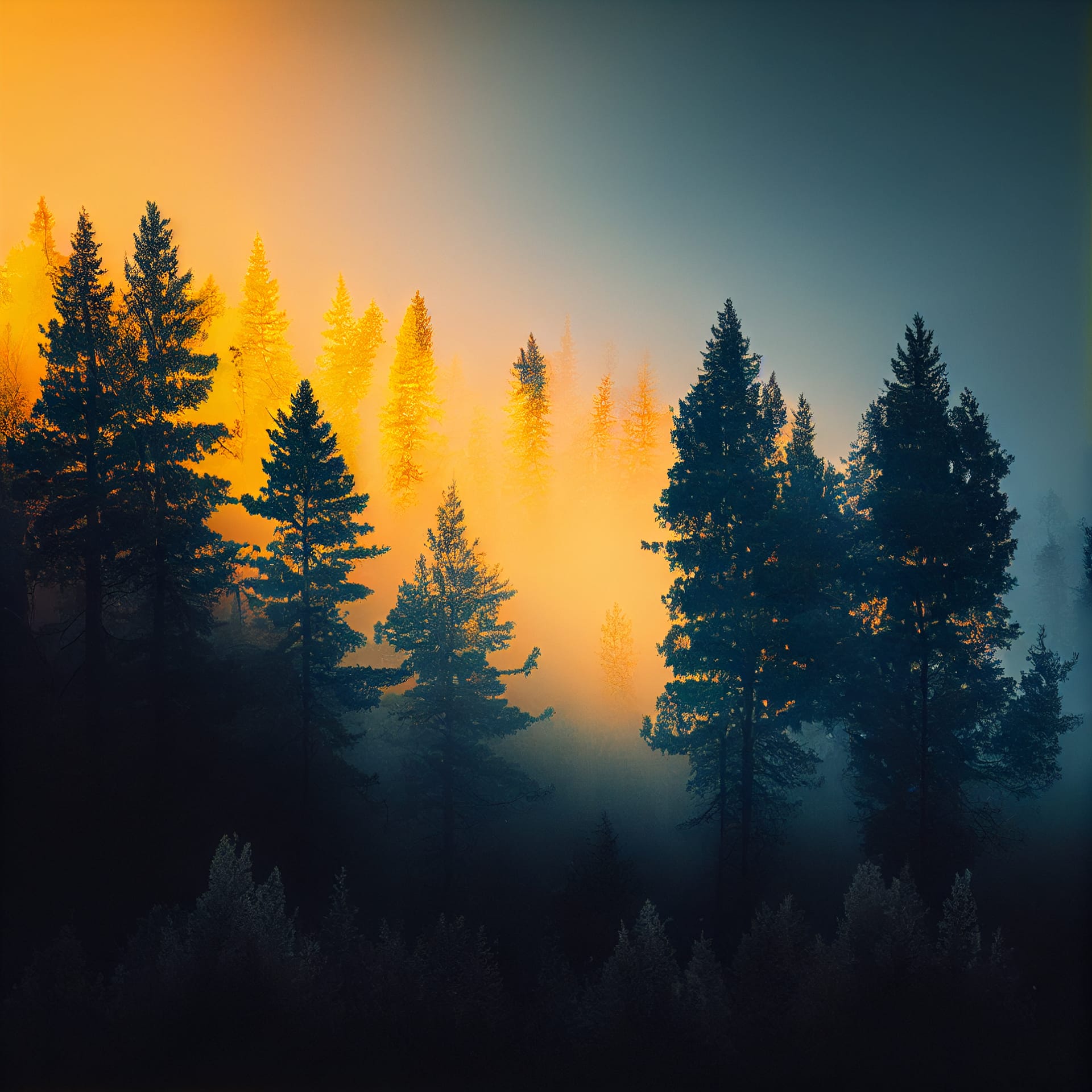 Beautiful misty forest nature landscape sunset sunrise moody image