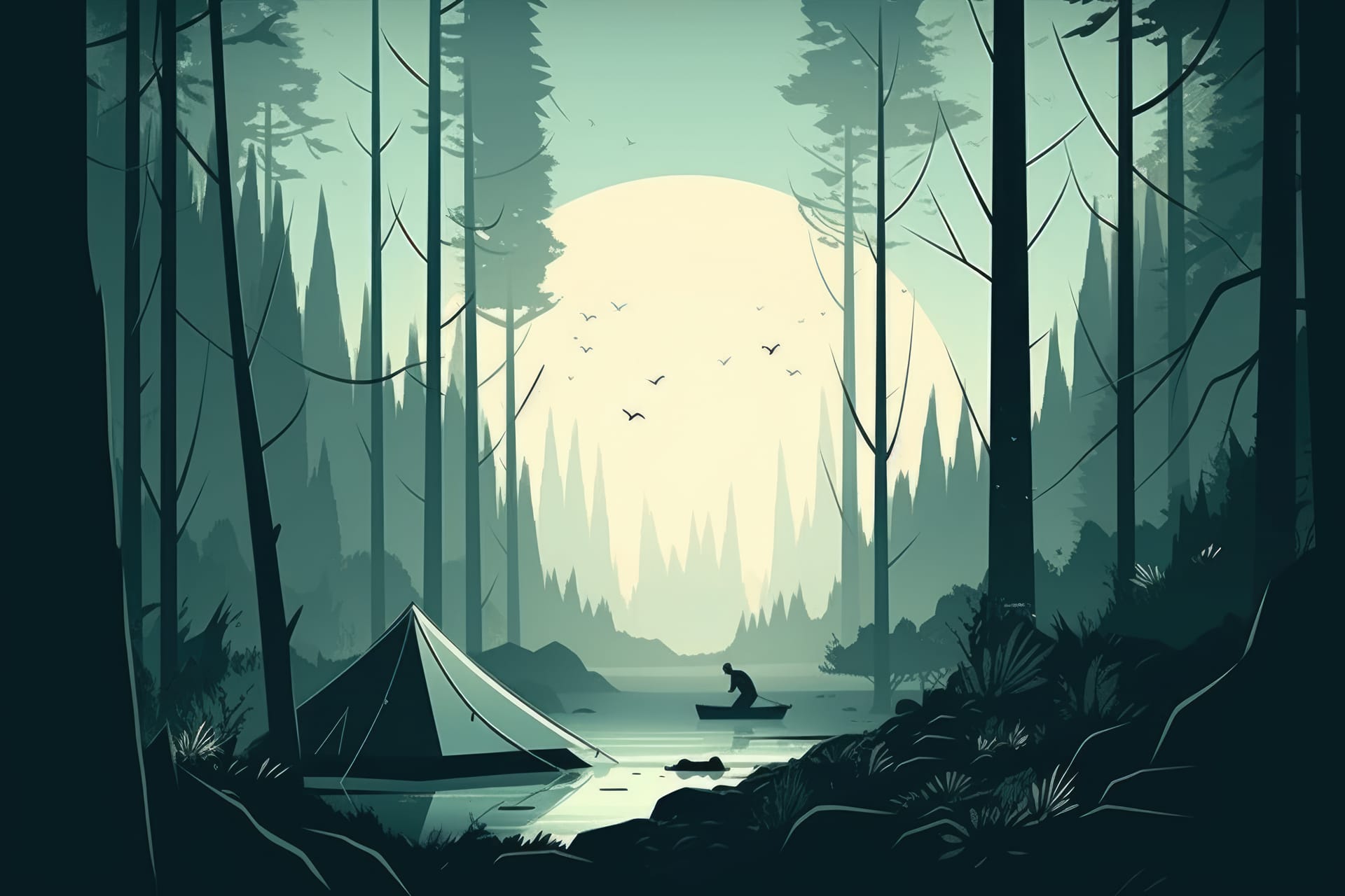 Camping tent camper forest landscape minimalist illustration soft muted colors