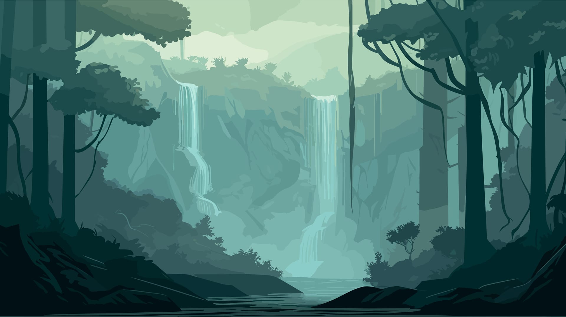 Green landscape with waterfall green background forest clipart background