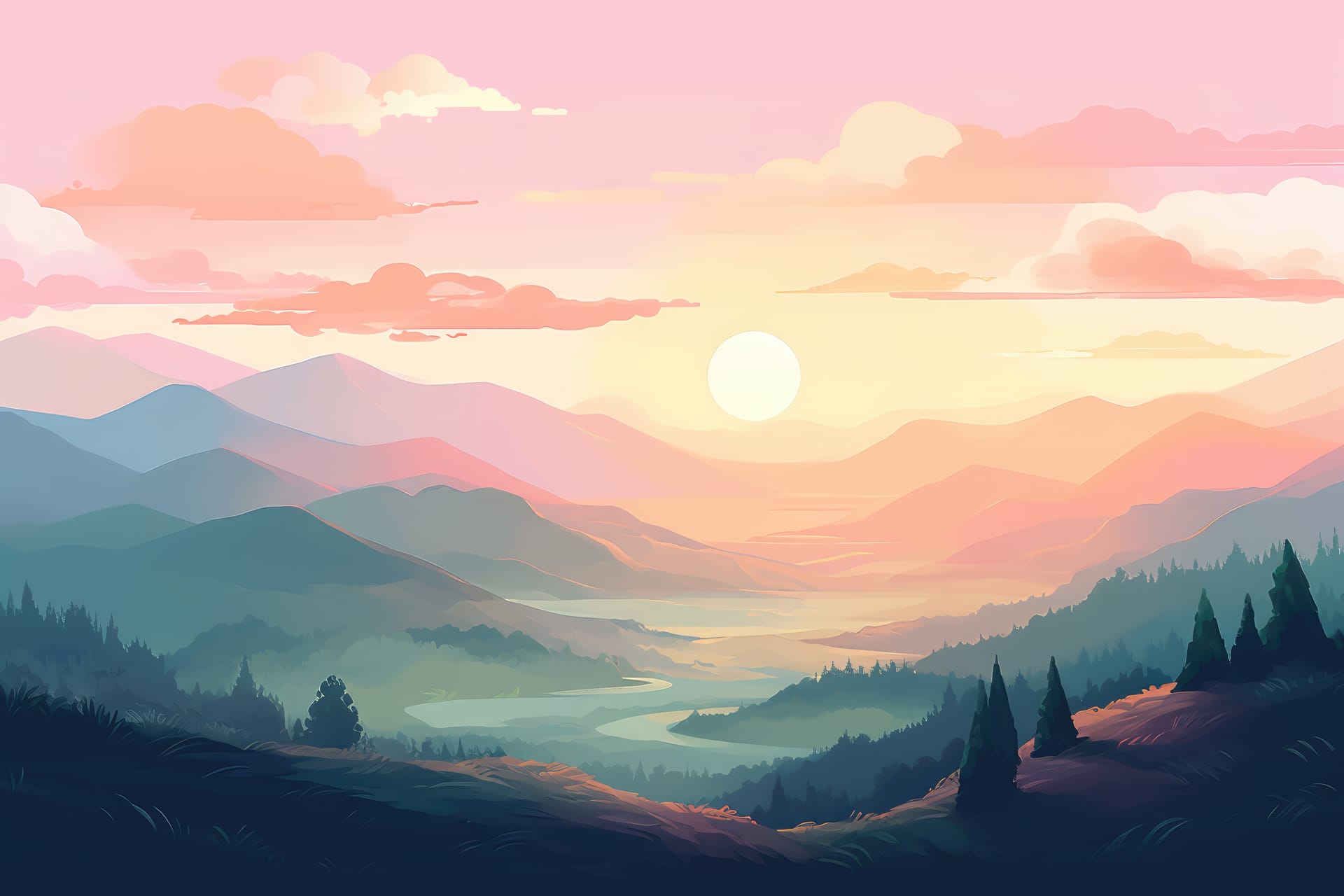 Lake landscape depicted minimalist illustration soft muted colors excellent image