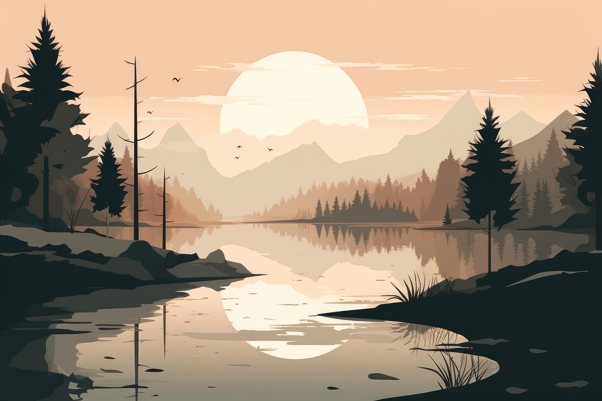 Lake landscape depicted minimalist illustration soft muted colors excellent picture