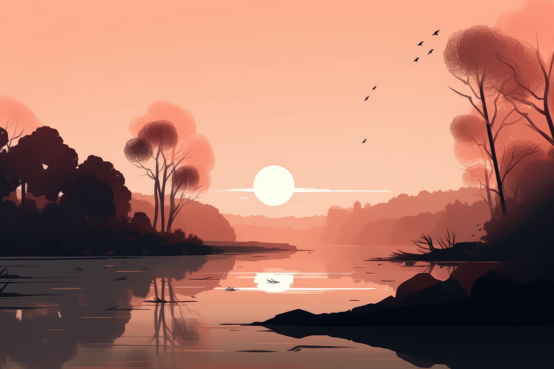 Lake landscape depicted minimalist illustration soft muted colors nice image