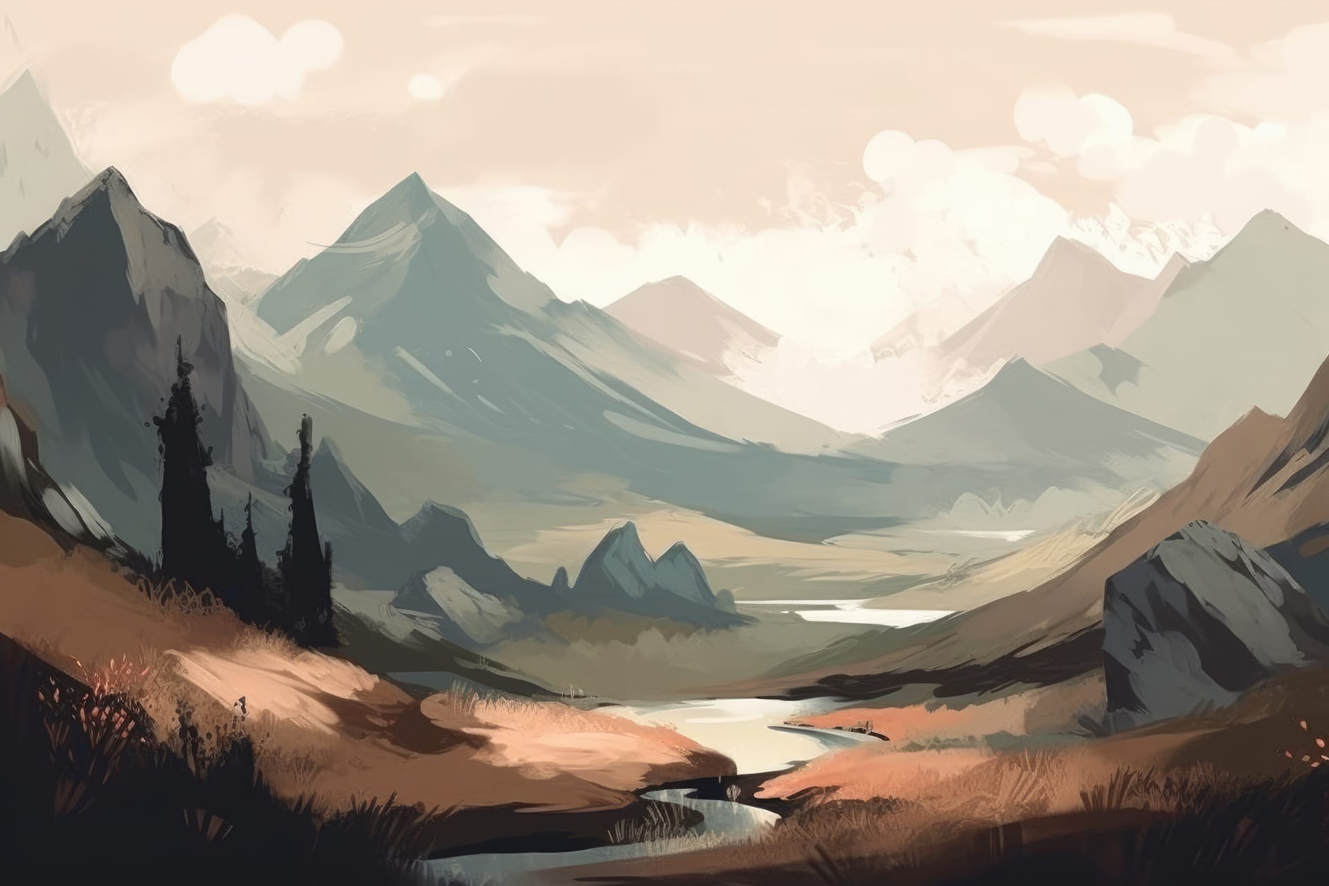 Mountain lake landscape depicted minimalist illustration soft muted colors image