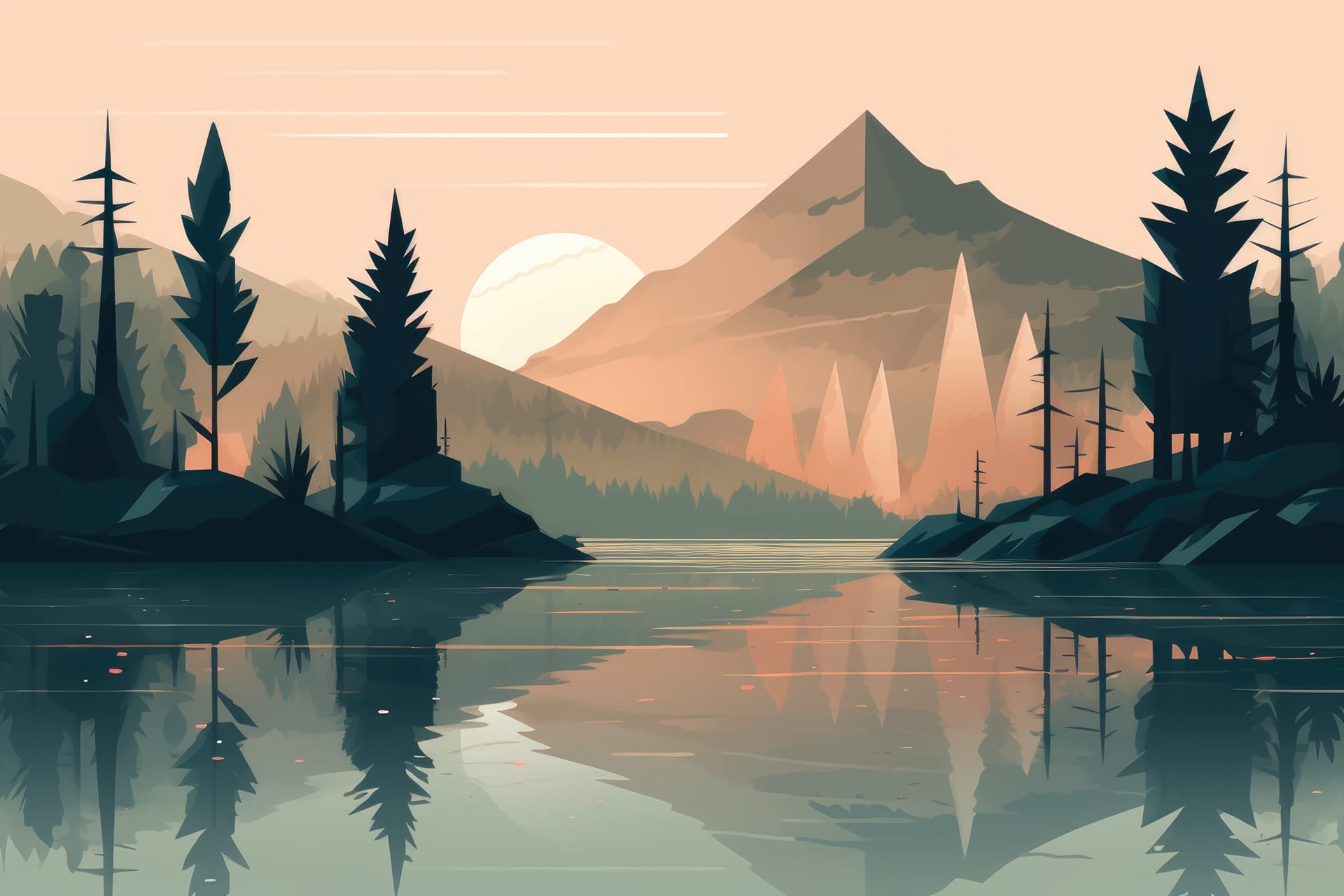 Mountaineer hiking forest landscape minimalist illustration soft muted colors image