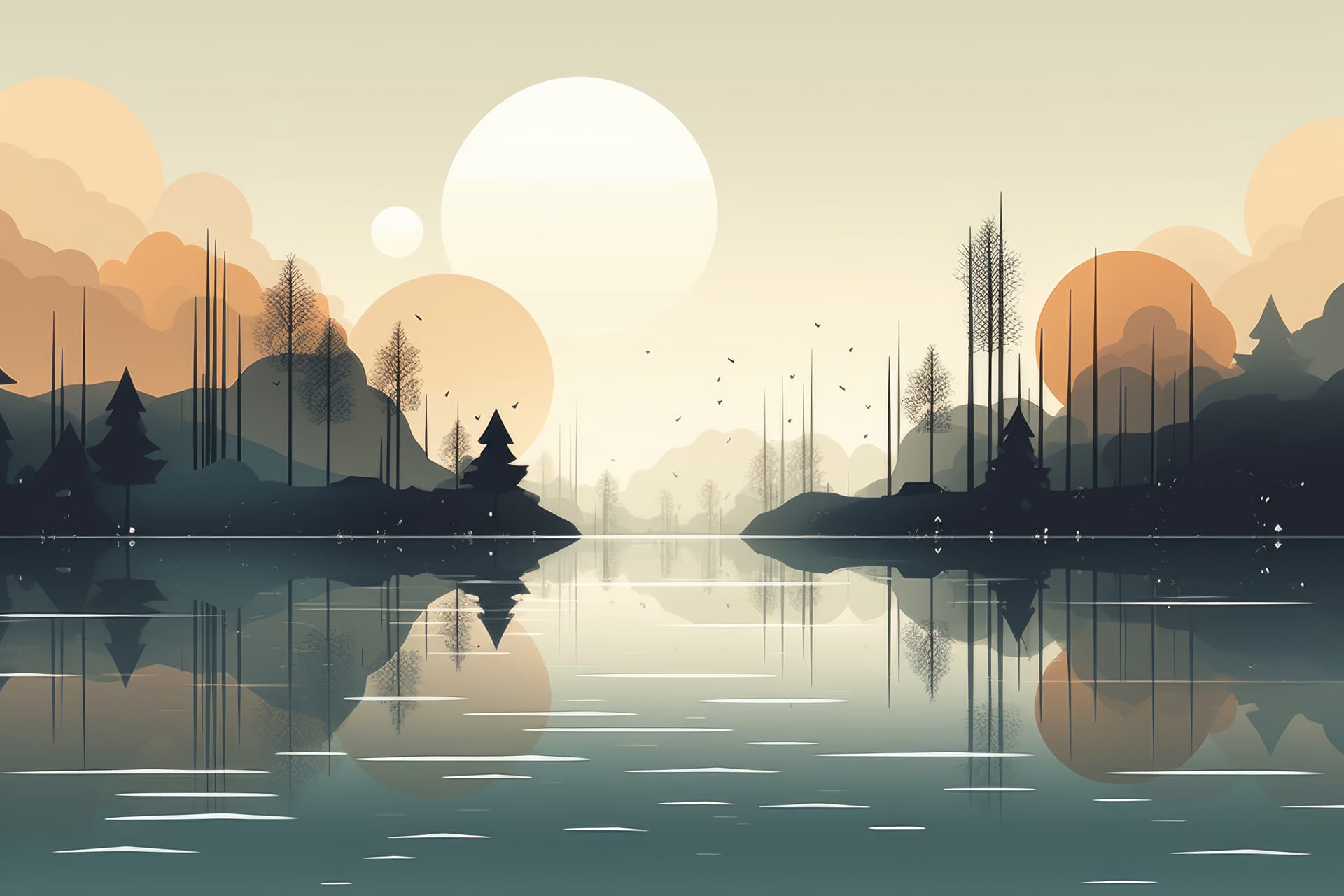 Mountaineer hiking forest landscape minimalist illustration soft muted colors picture