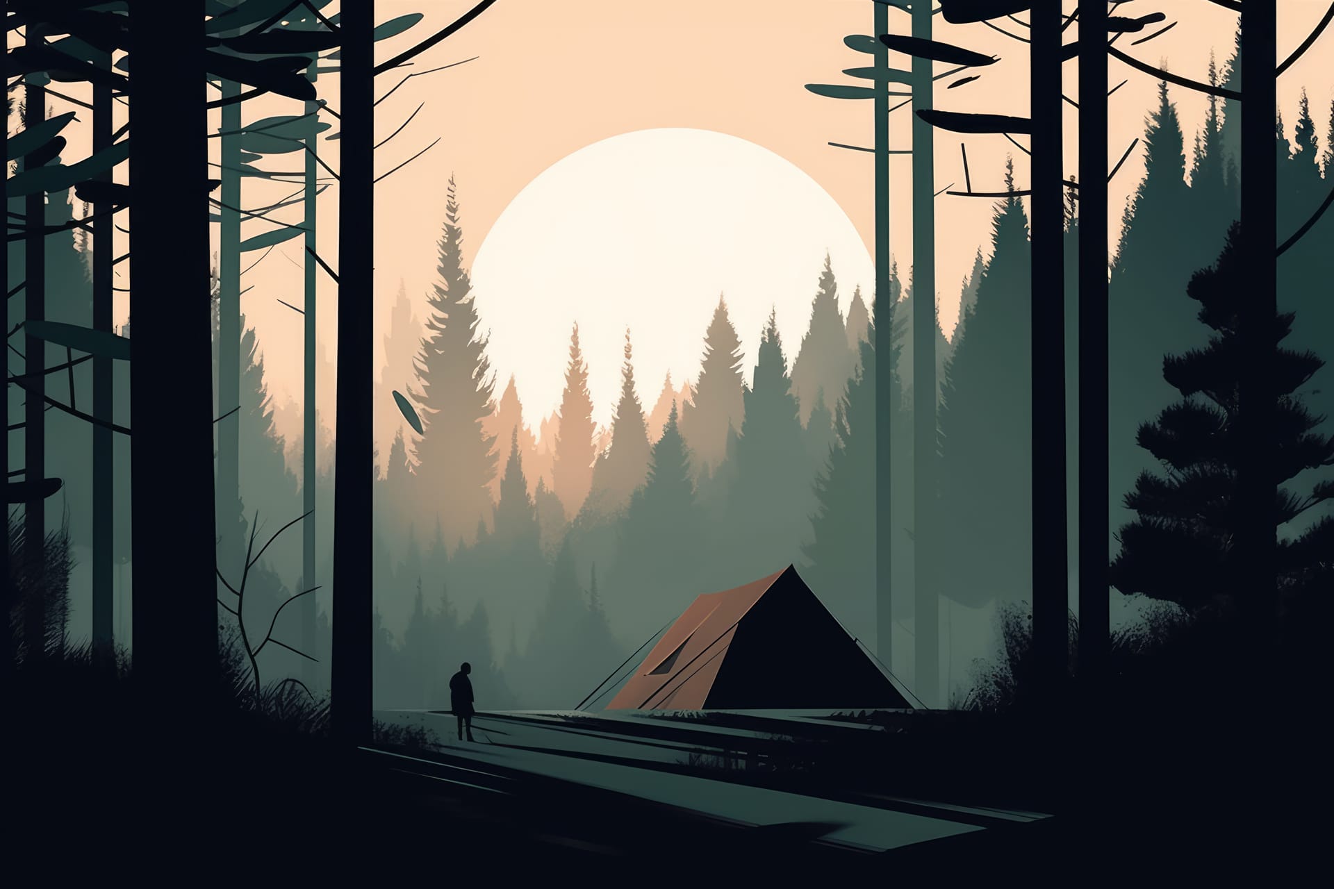 Tent camper forest landscape minimalist illustration soft muted colors image