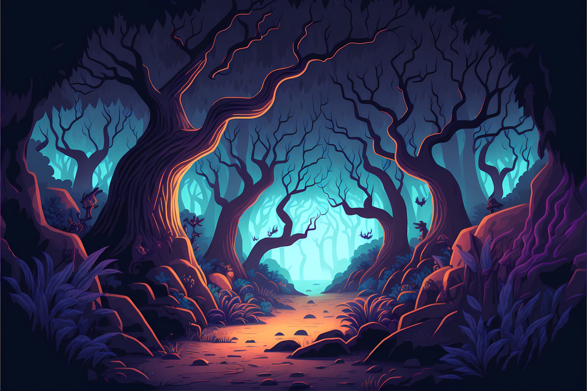 Forest illustration cartoon style landscape endless nature background atmospheric image