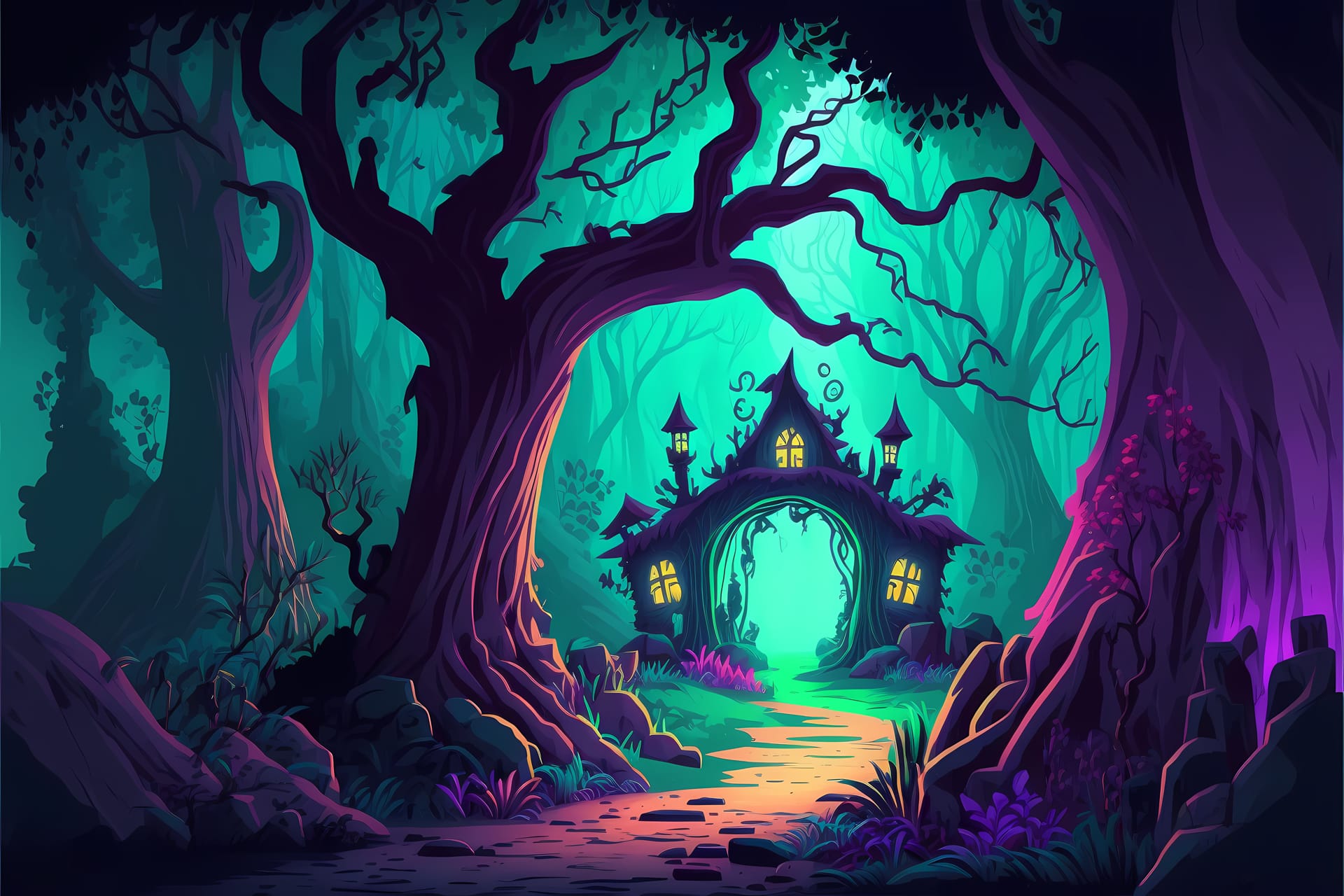 Forest illustration cartoon style landscape endless nature background nice picture