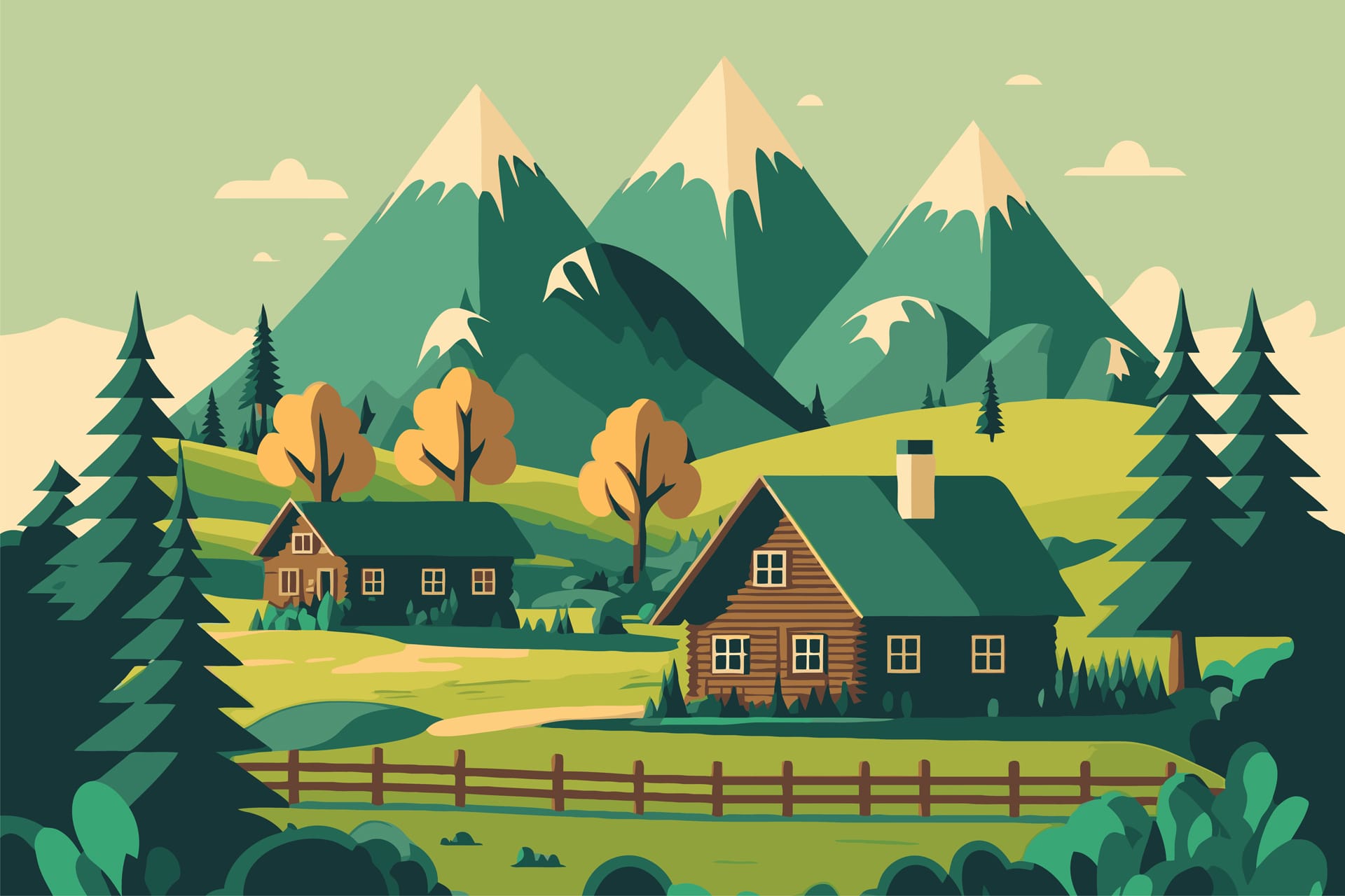 Mountain green field alpine landscape nature with wooden houses picture