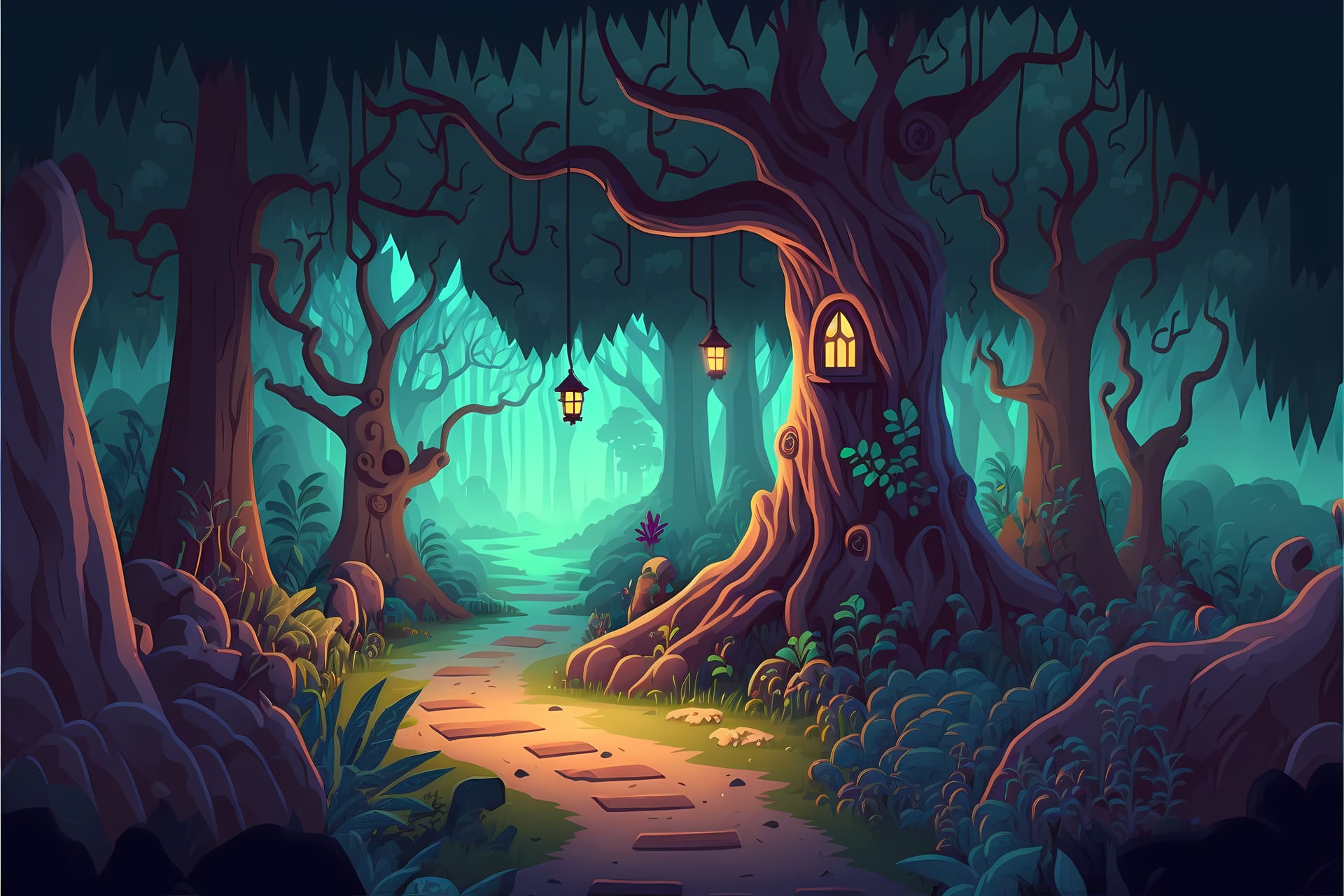 Mystical forest illustration cartoon style landscape endless nature background image