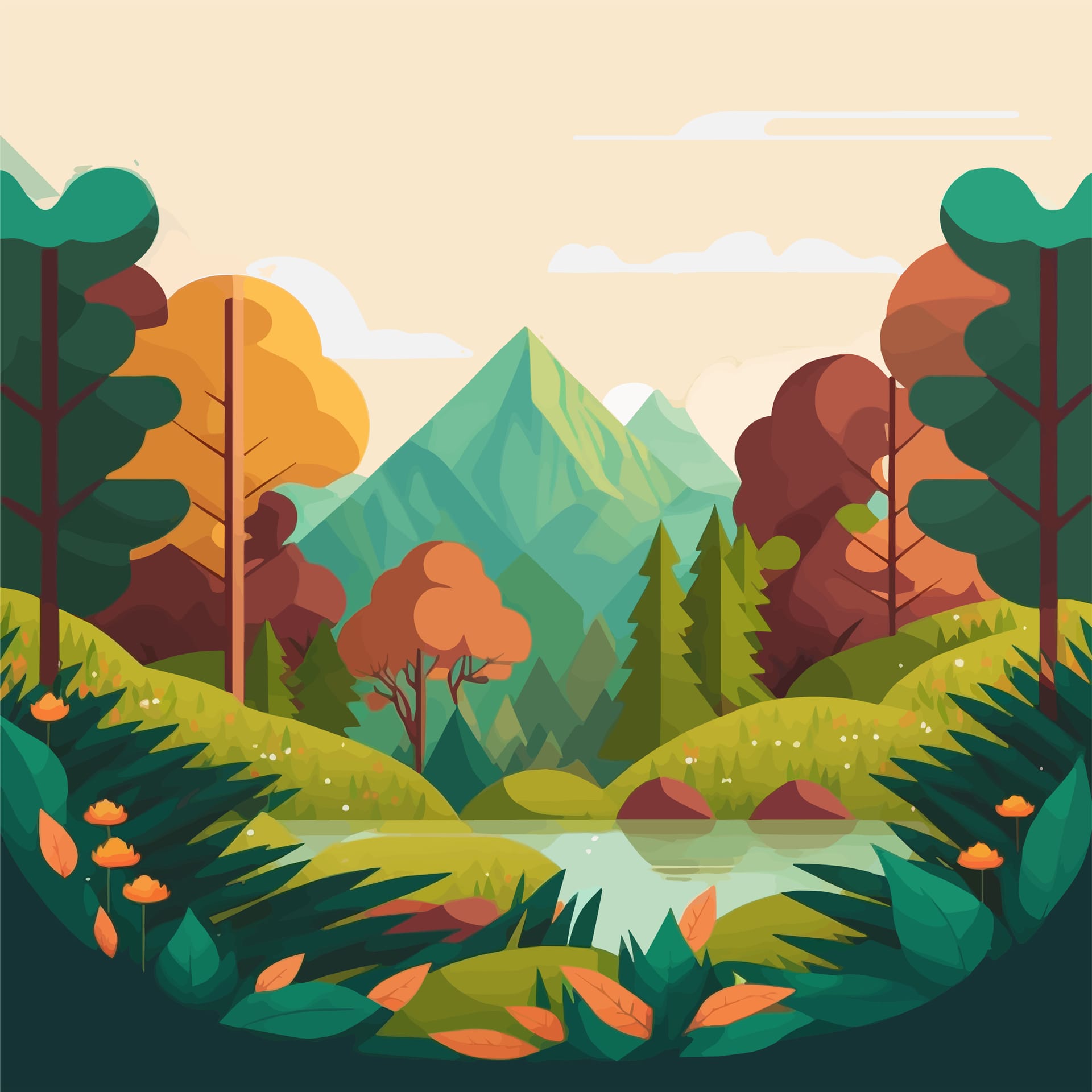 Nature mountain forest jungle landscape background flat color forest clipart free