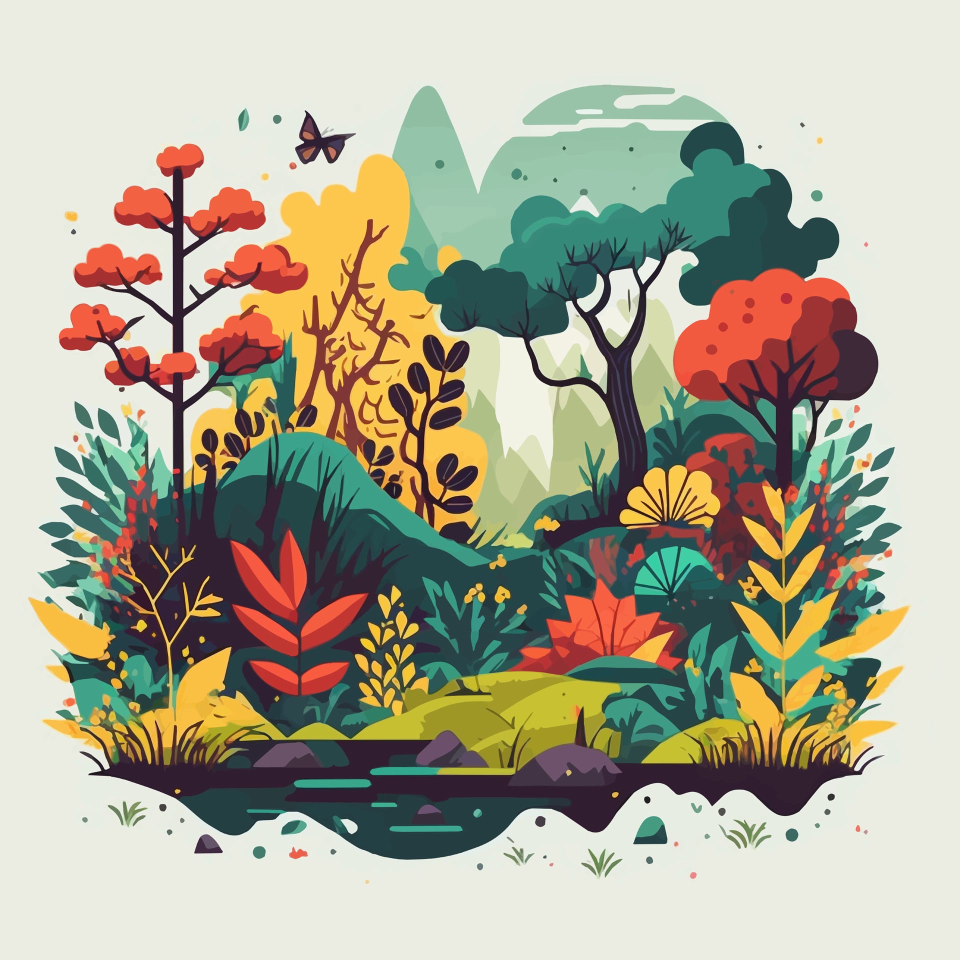 Nature mountain forest jungle landscape background flat color image