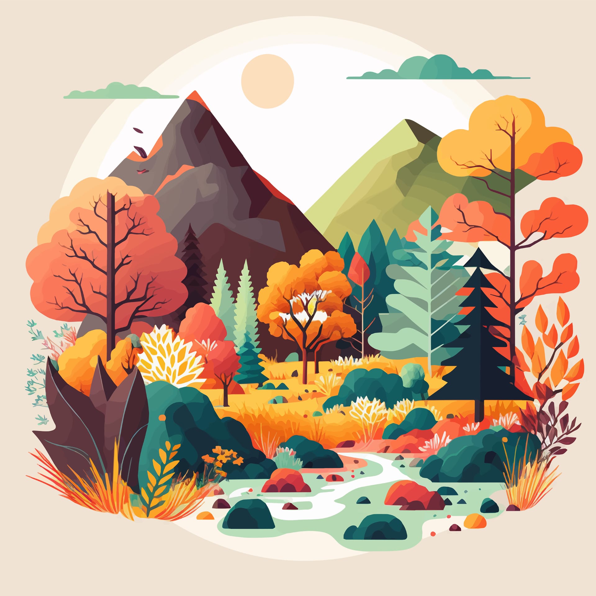 Nature mountain forest jungle landscape background flat color picture