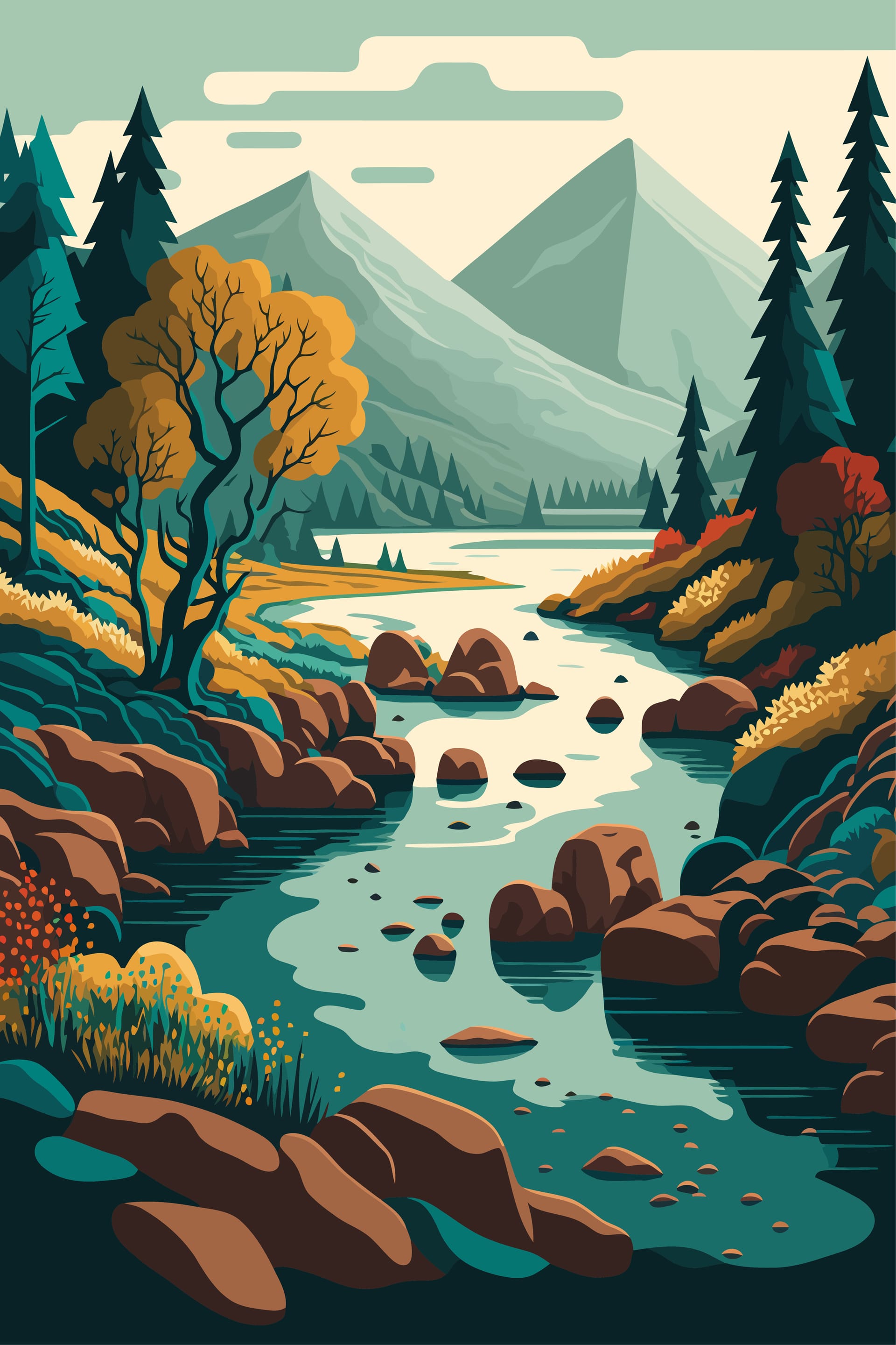 River flow with forrest mountain background view landscape forest clipart free