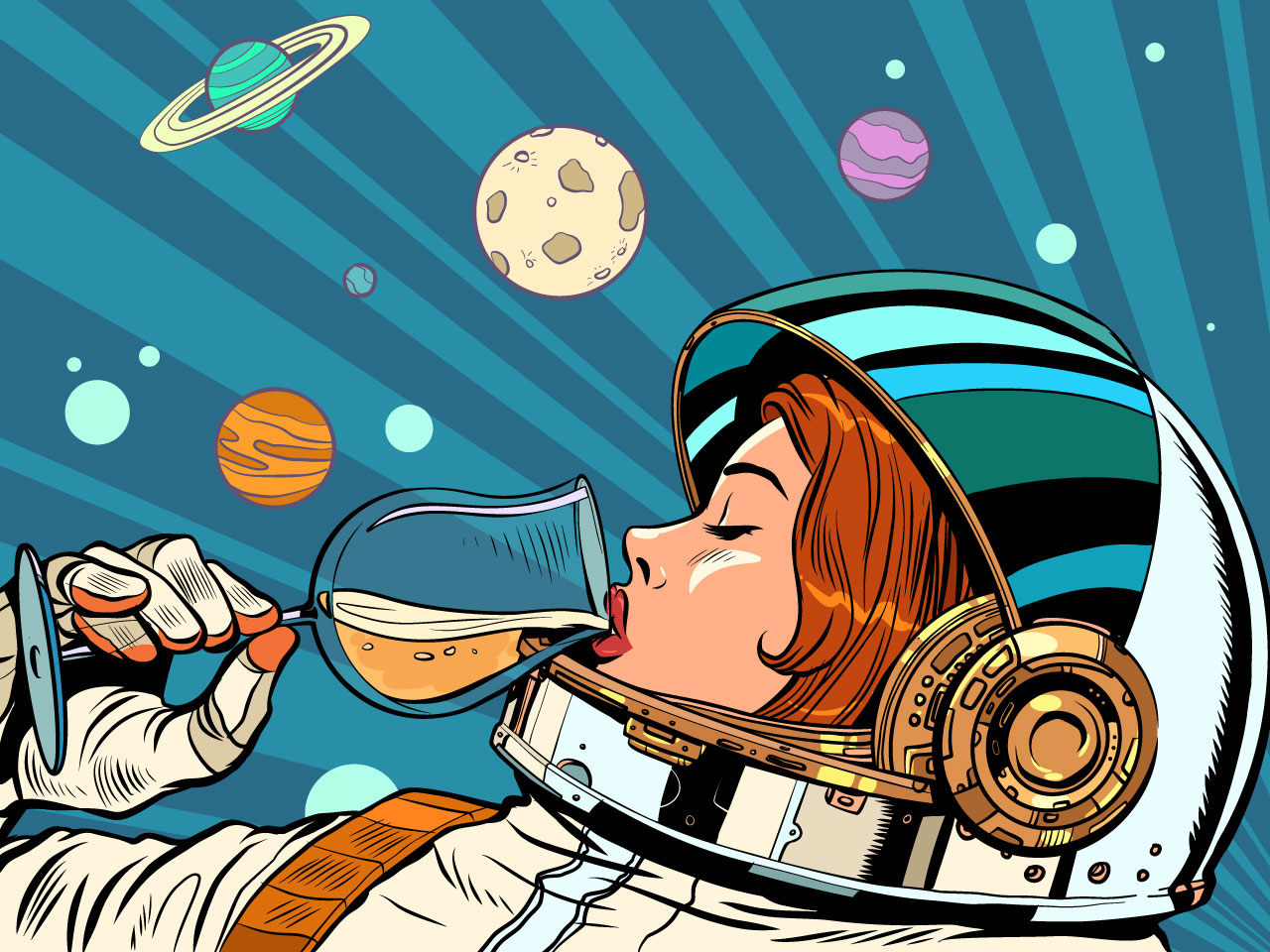 Astronaut woman drinks glass wine alcoholic party new year holiday cartoon image
